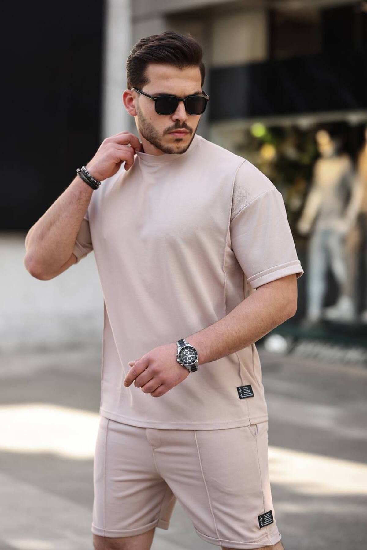 Erkek Alt Üst Oversize Tişört Basic Şort Taş Ikili Takım