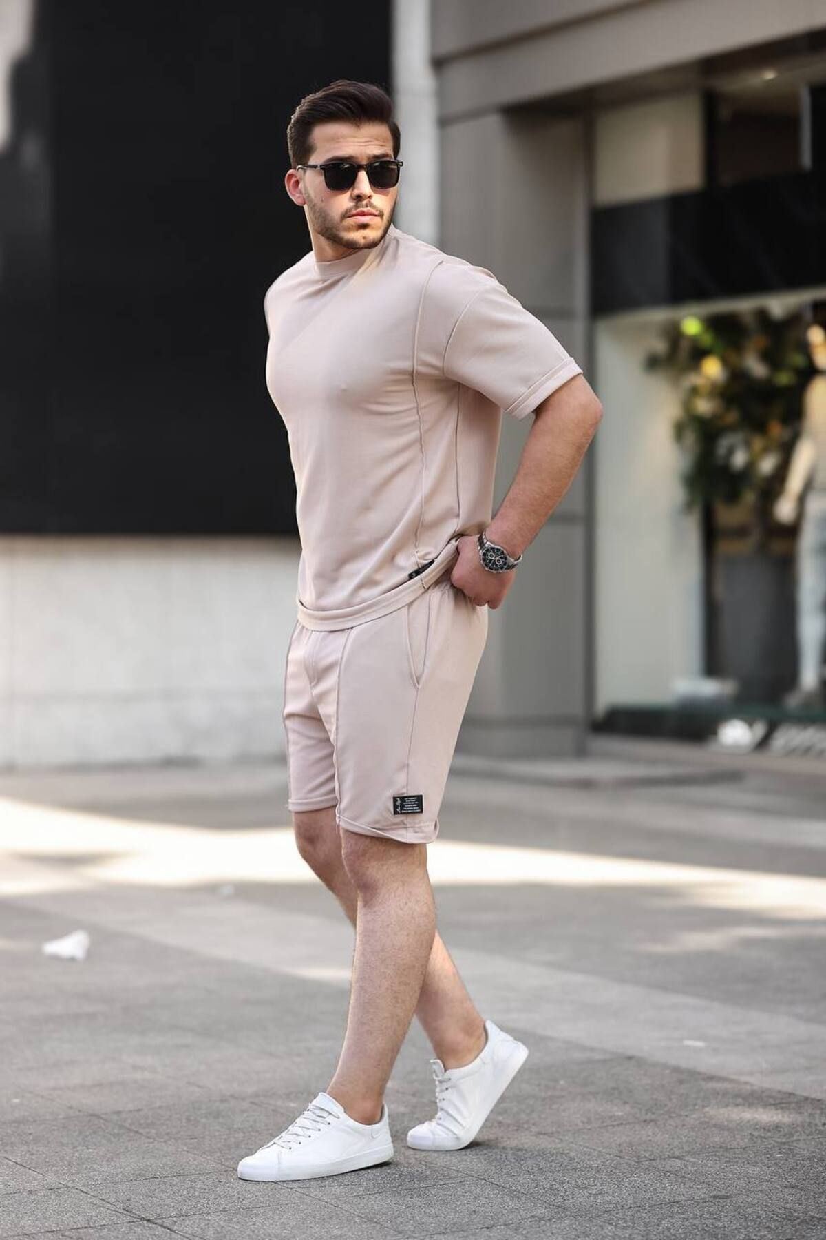 Erkek Alt Üst Oversize Tişört Basic Şort Taş Ikili Takım