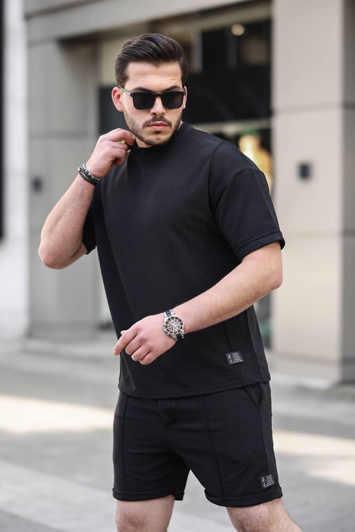 Erkek Alt Üst Oversize Tişört Basic Şort Siyah Ikili Takım