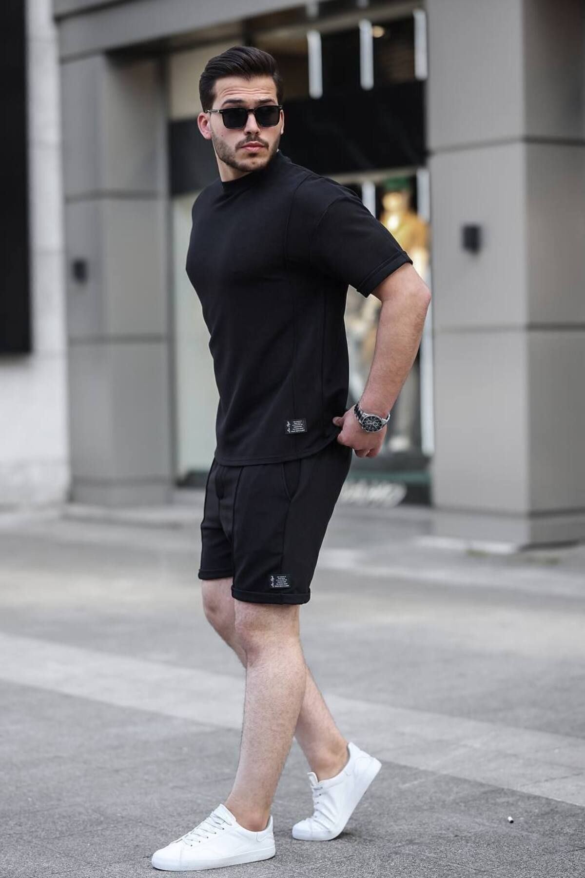 Erkek Alt Üst Oversize Tişört Basic Şort Siyah Ikili Takım