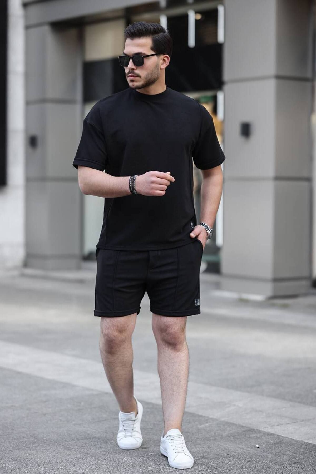 Erkek Alt Üst Oversize Tişört Basic Şort Siyah Ikili Takım