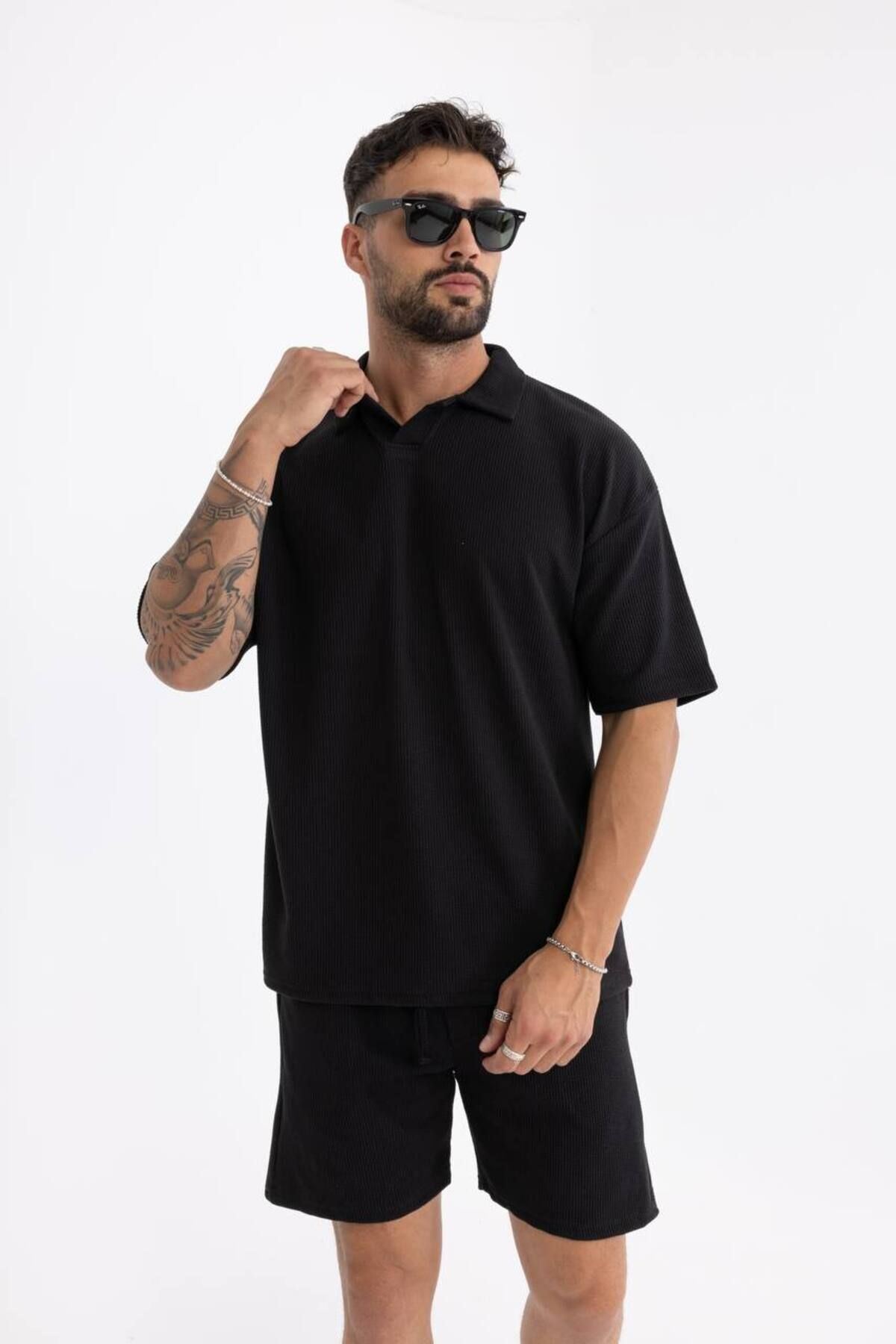 Erkek Basic Polo Yaka Tişört Şort Siyah Ikili Takım