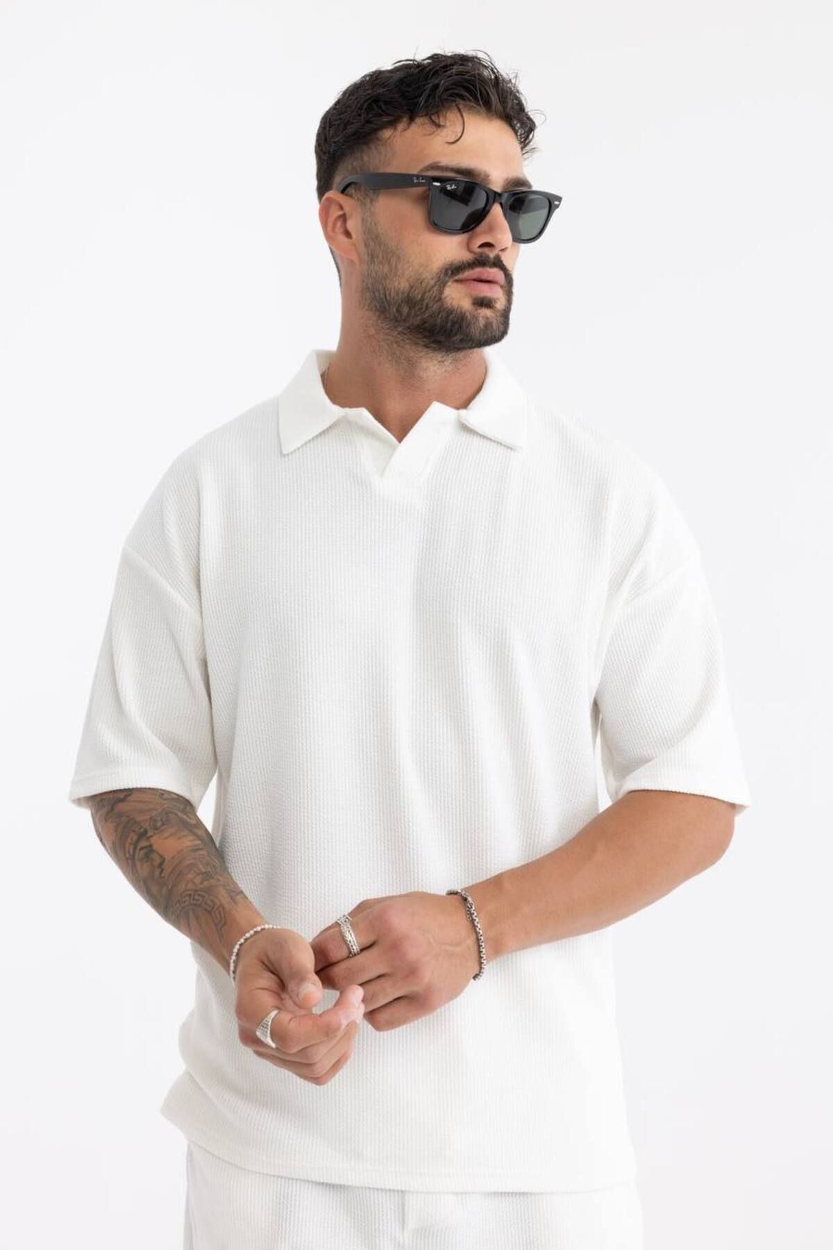 Erkek Basic Polo Yaka Tişört Şort Beyaz Ikili Takım