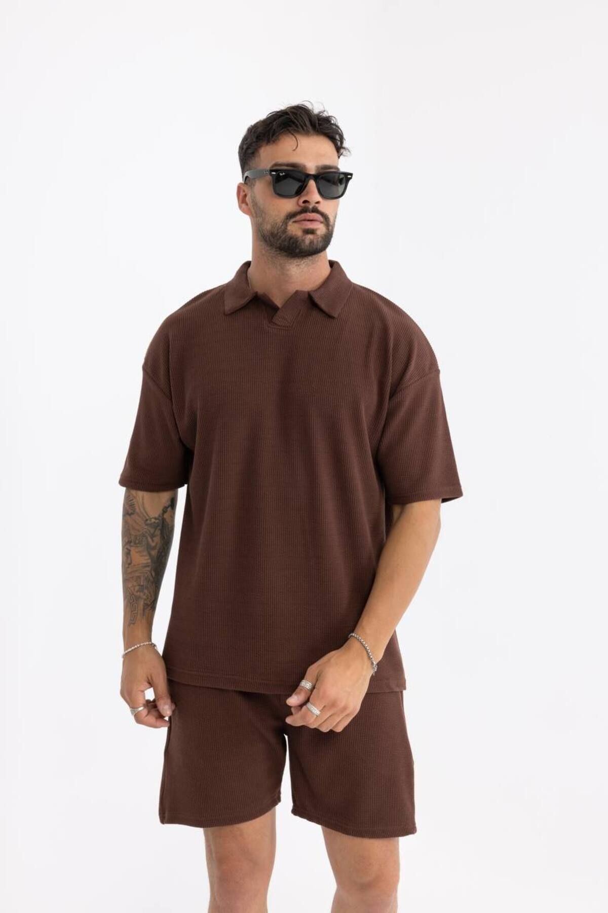Erkek Basic Polo Yaka Tişört Şort Kahve Ikili Takım