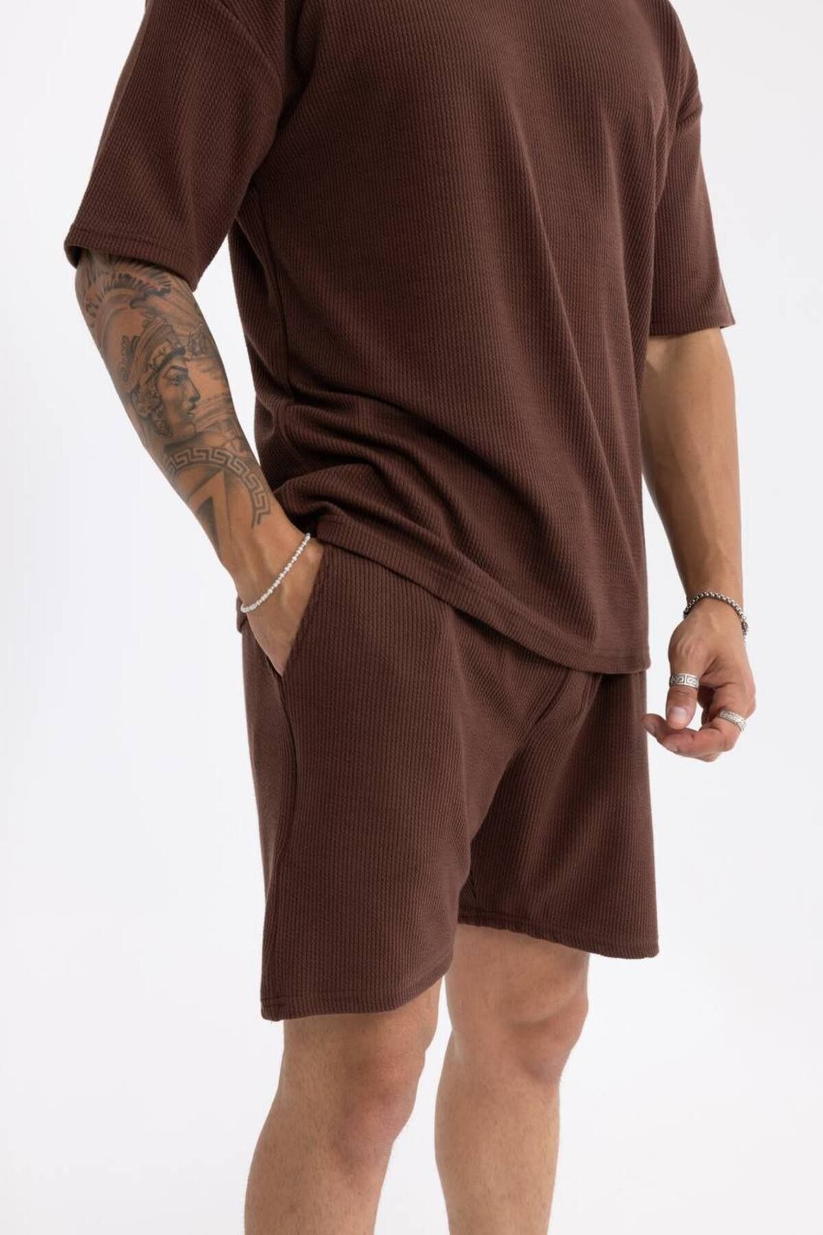 Erkek Basic Polo Yaka Tişört Şort Kahve Ikili Takım