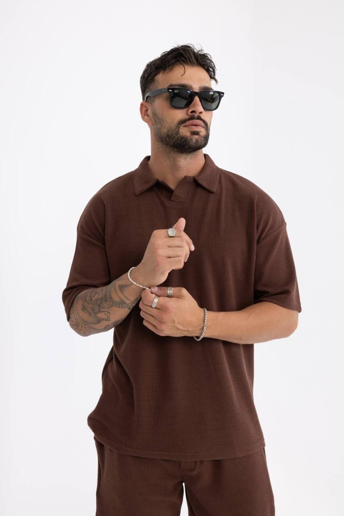 Erkek Basic Polo Yaka Tişört Şort Kahve Ikili Takım