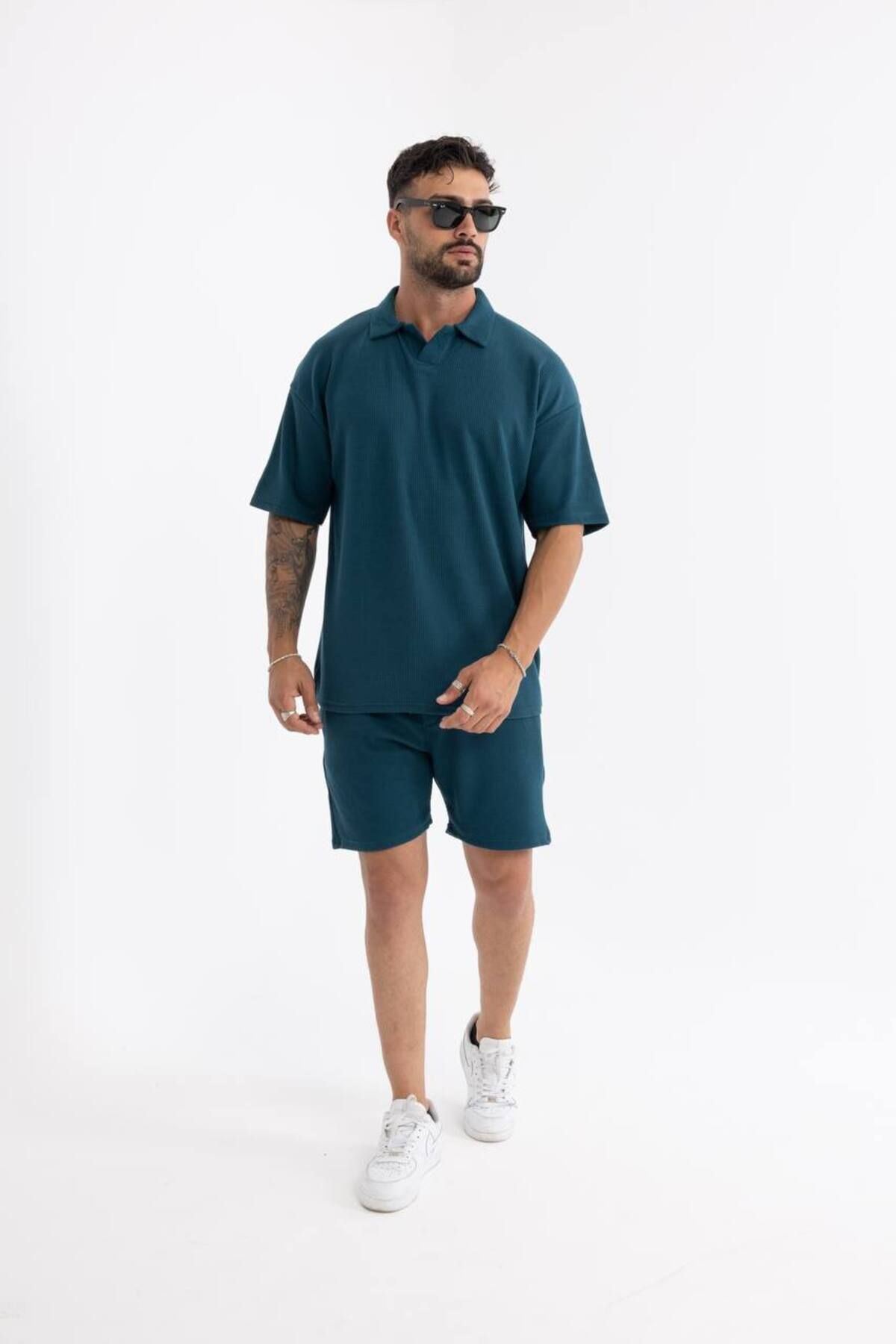 Erkek Basic Polo Yaka Tişört Şort Mavi Ikili Takım