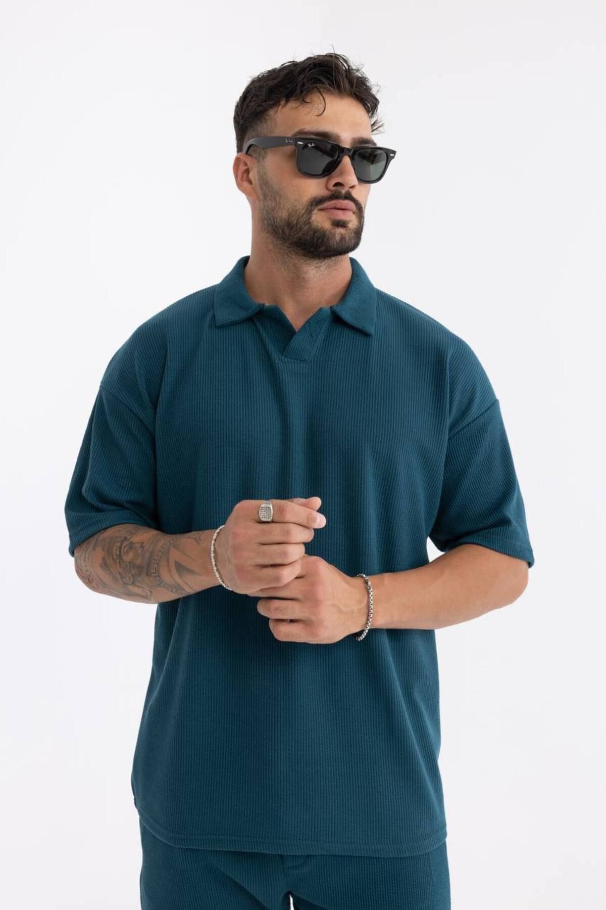 Erkek Basic Polo Yaka Tişört Şort Mavi Ikili Takım