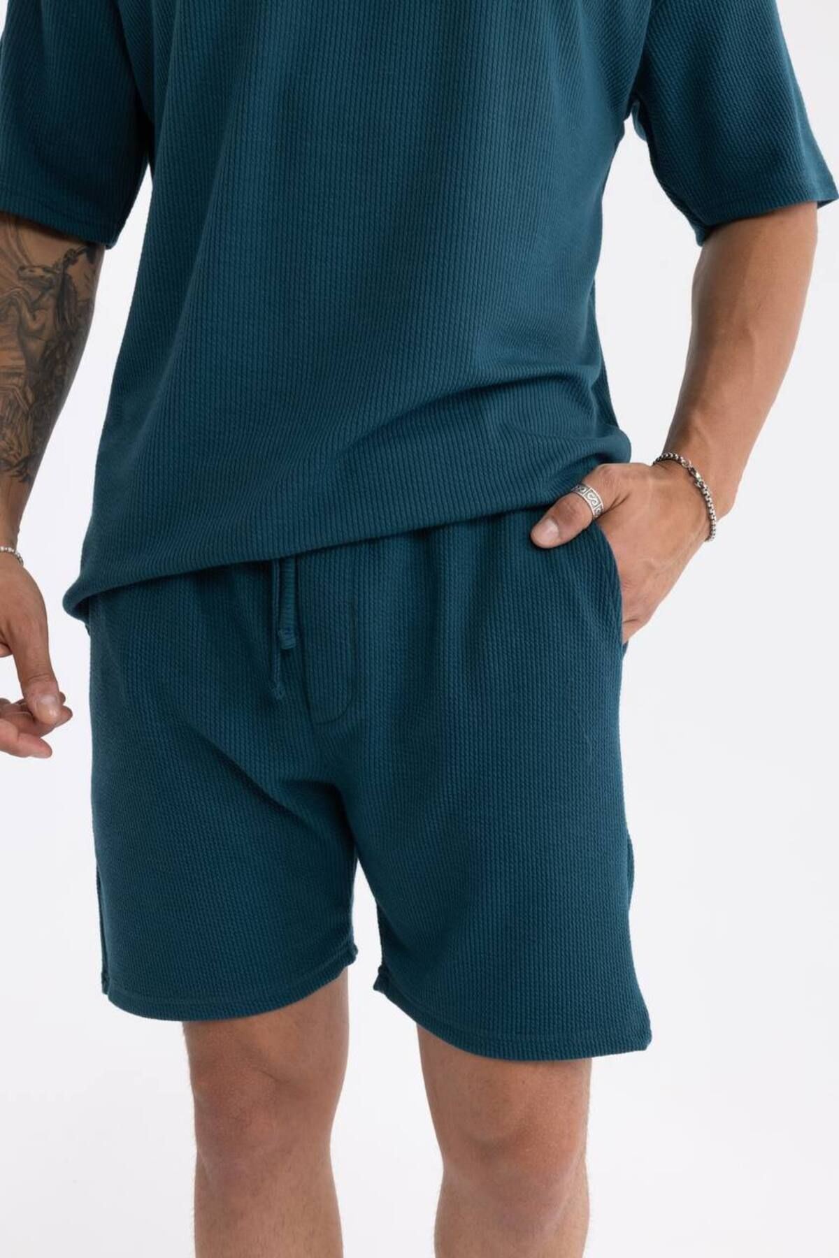 Erkek Basic Polo Yaka Tişört Şort Mavi Ikili Takım