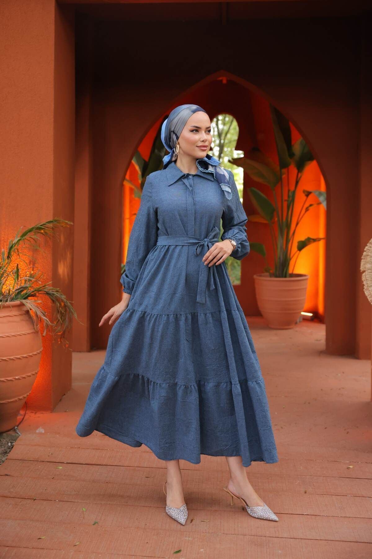 Kadın Trend Şık Terikoton Lacivert Uzun Elbise