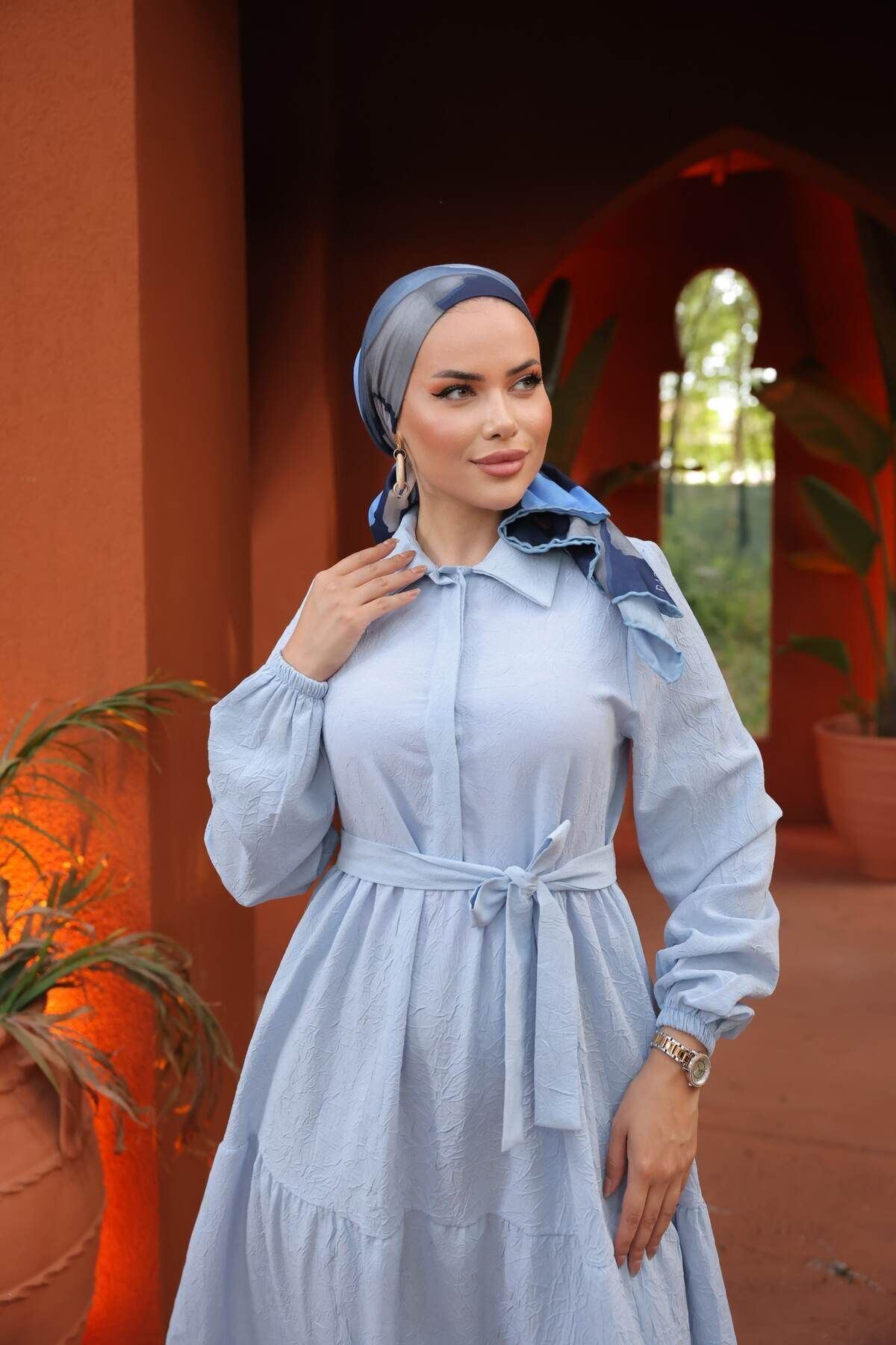 Kadın Trend Şık Terikoton Mavi Uzun Elbise