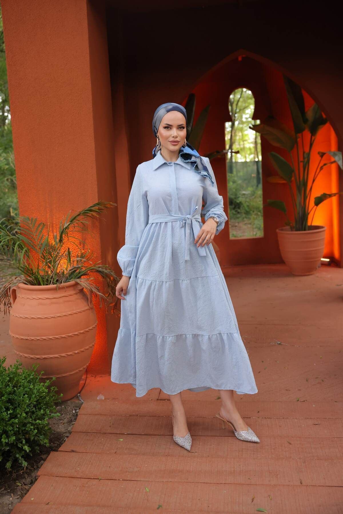 Kadın Trend Şık Terikoton Mavi Uzun Elbise