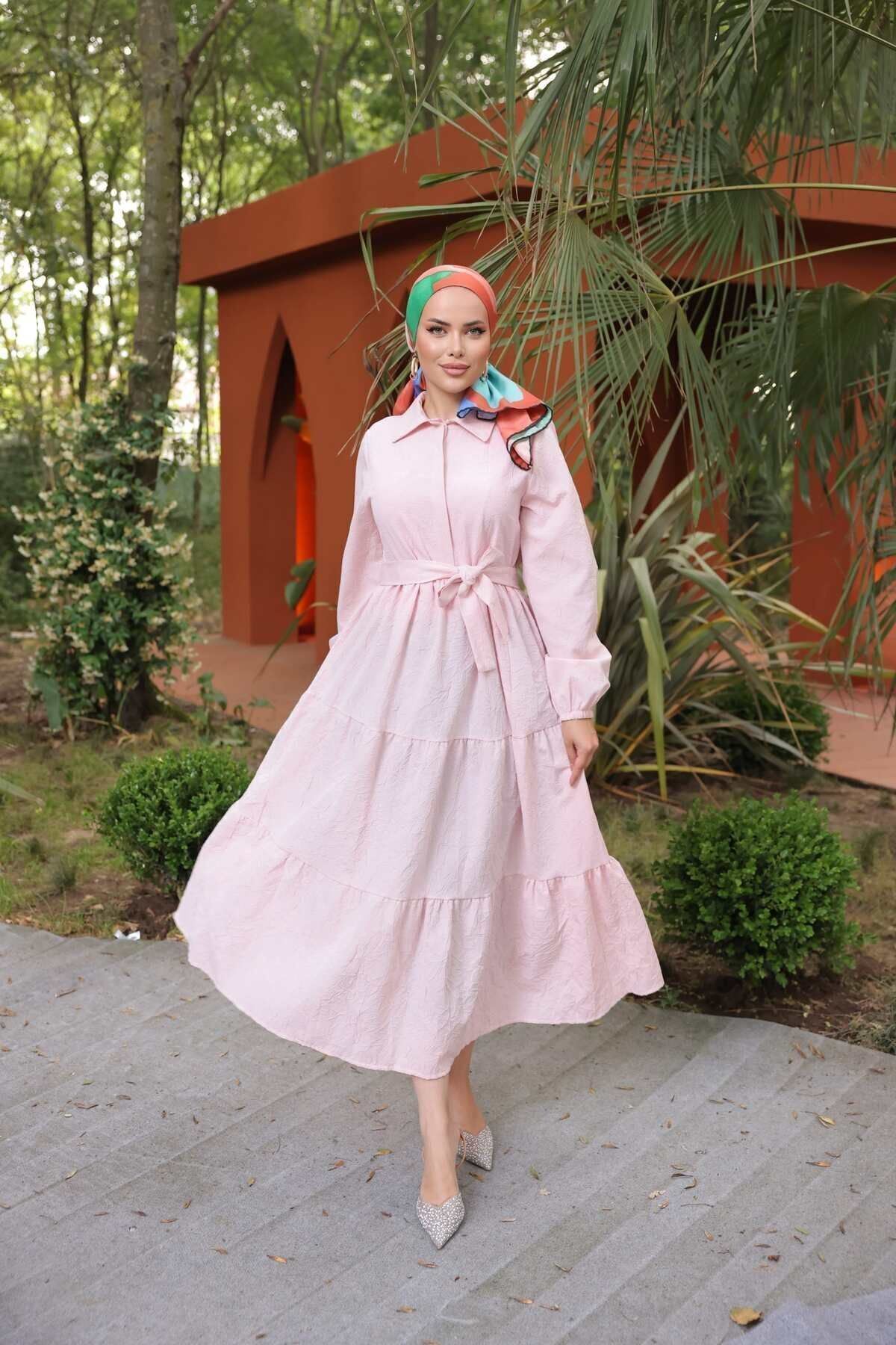 Kadın Trend Şık Terikoton Pudra Uzun Elbise