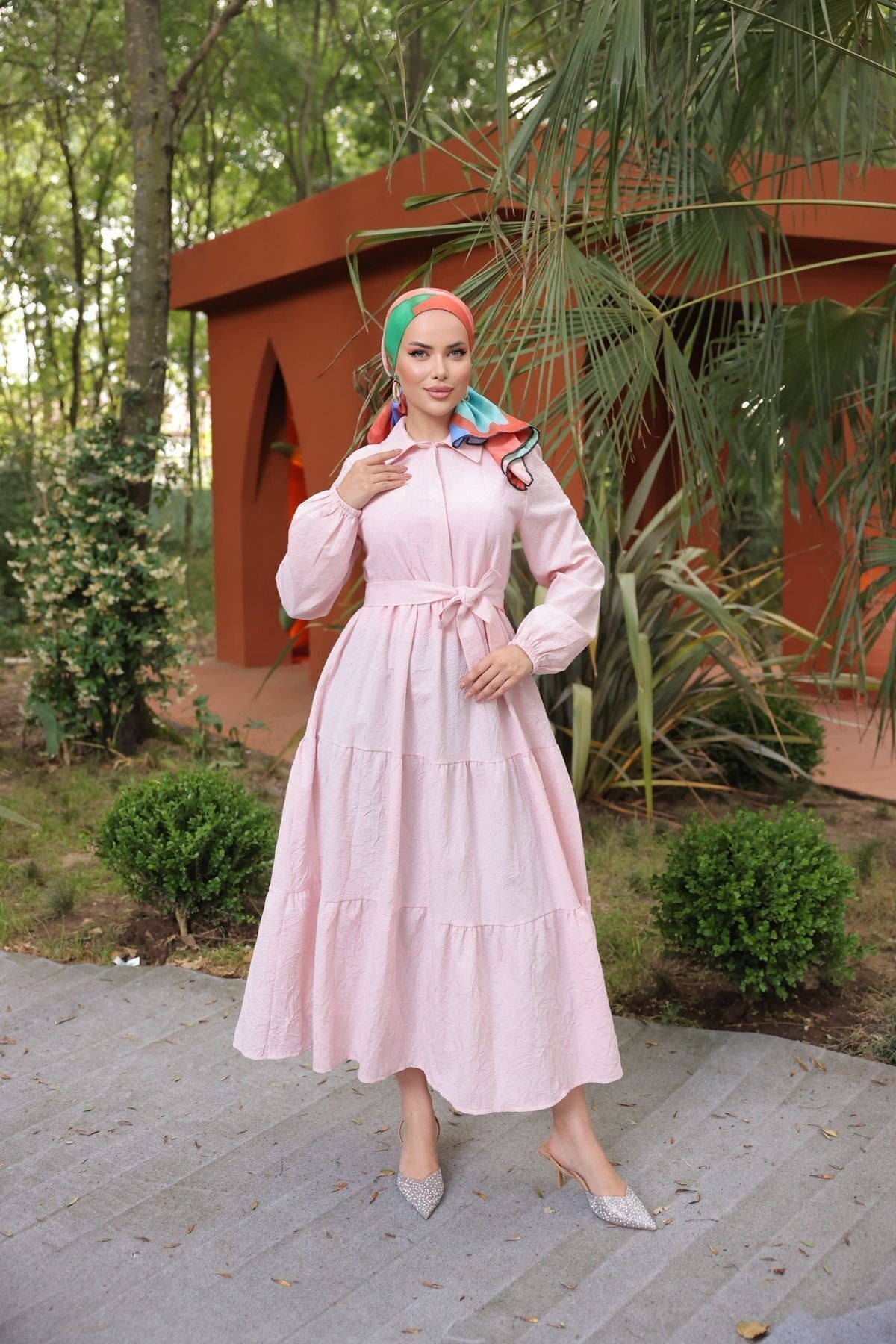 Kadın Trend Şık Terikoton Pudra Uzun Elbise