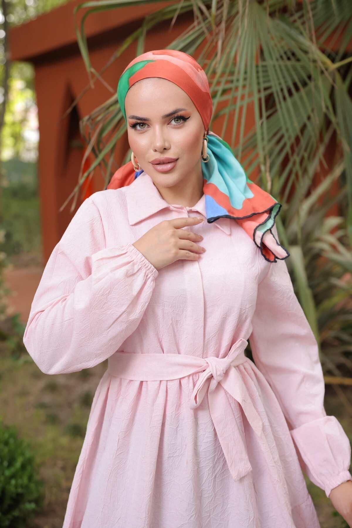 Kadın Trend Şık Terikoton Pudra Uzun Elbise