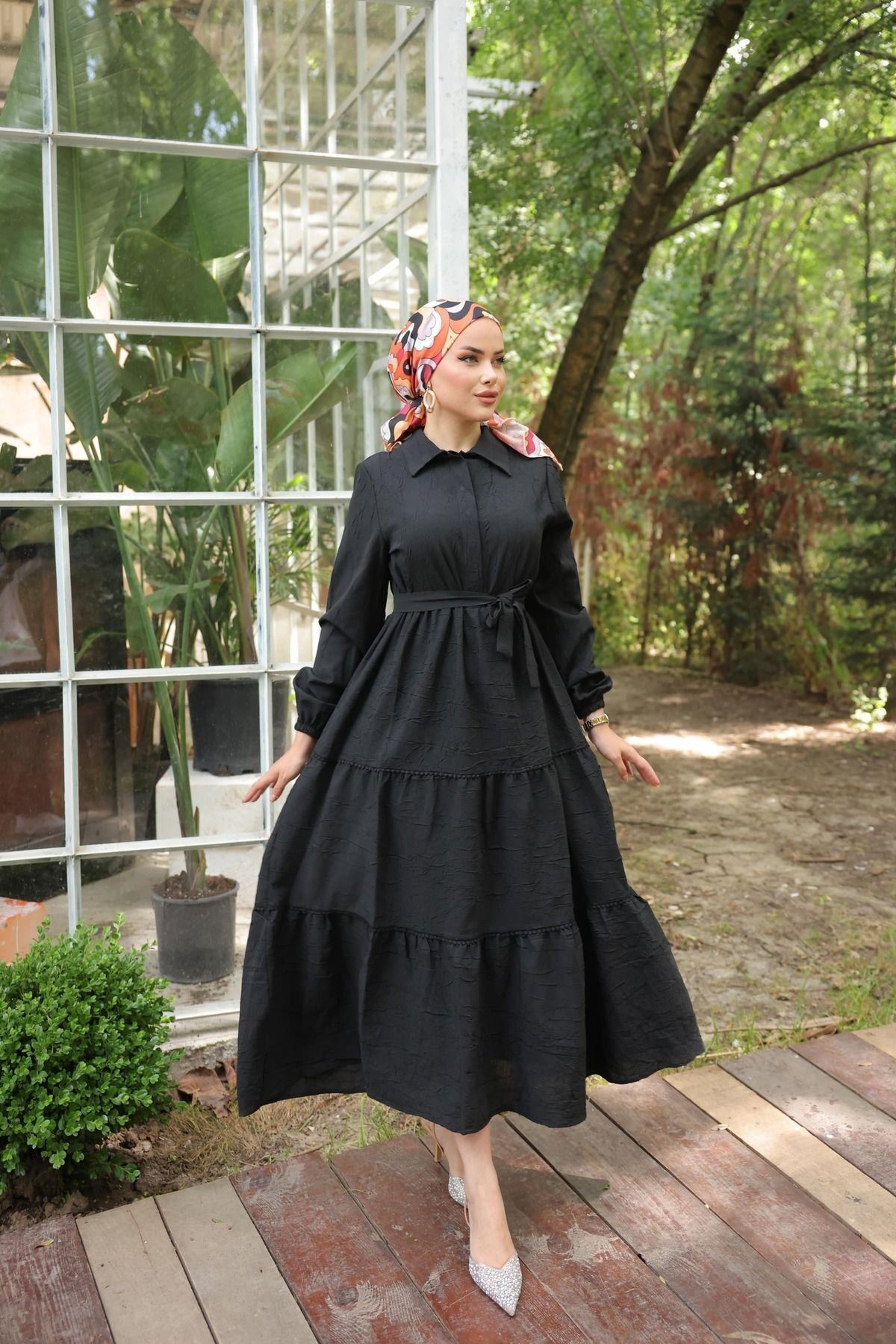 Kadın Trend Şık Terikoton Siyah Uzun Elbise