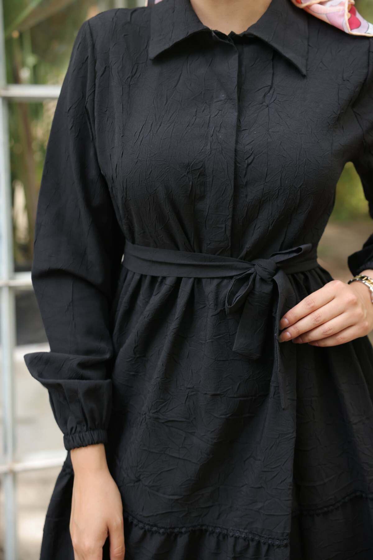 Kadın Trend Şık Terikoton Siyah Uzun Elbise