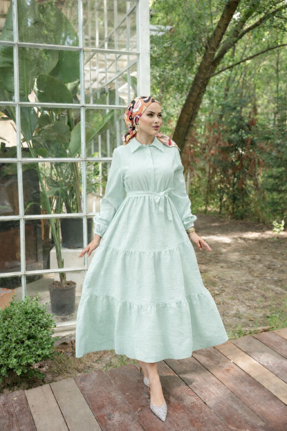 Kadın Trend Şık Terikoton Mint Uzun Elbise