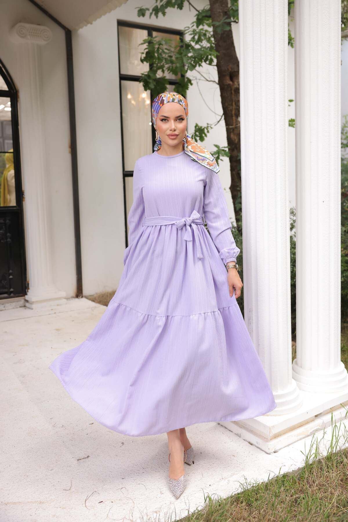 Kadın Şık Kendinden Dokulu Kuşaklı Lila Uzun Elbise