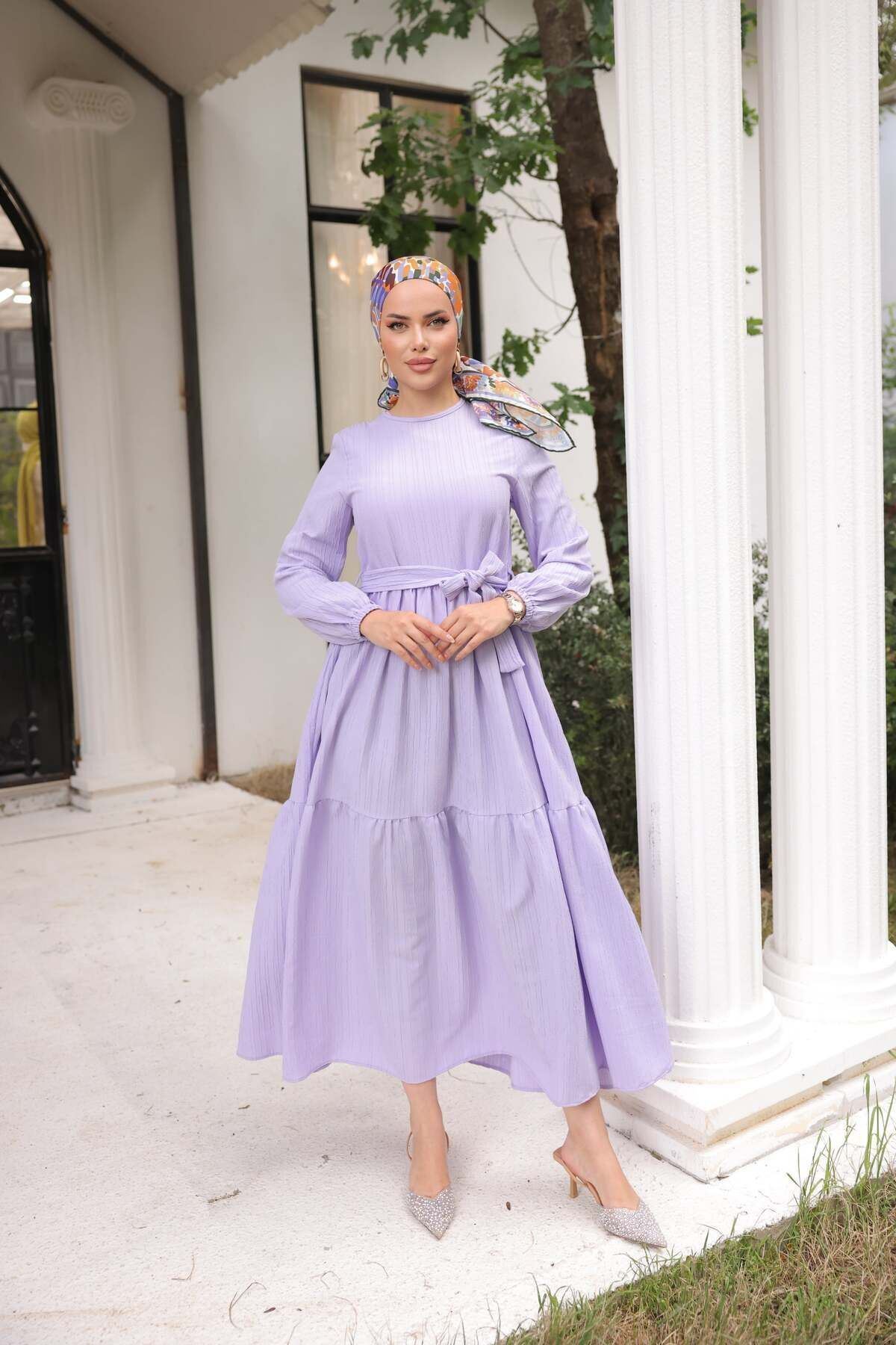 Kadın Şık Kendinden Dokulu Kuşaklı Lila Uzun Elbise