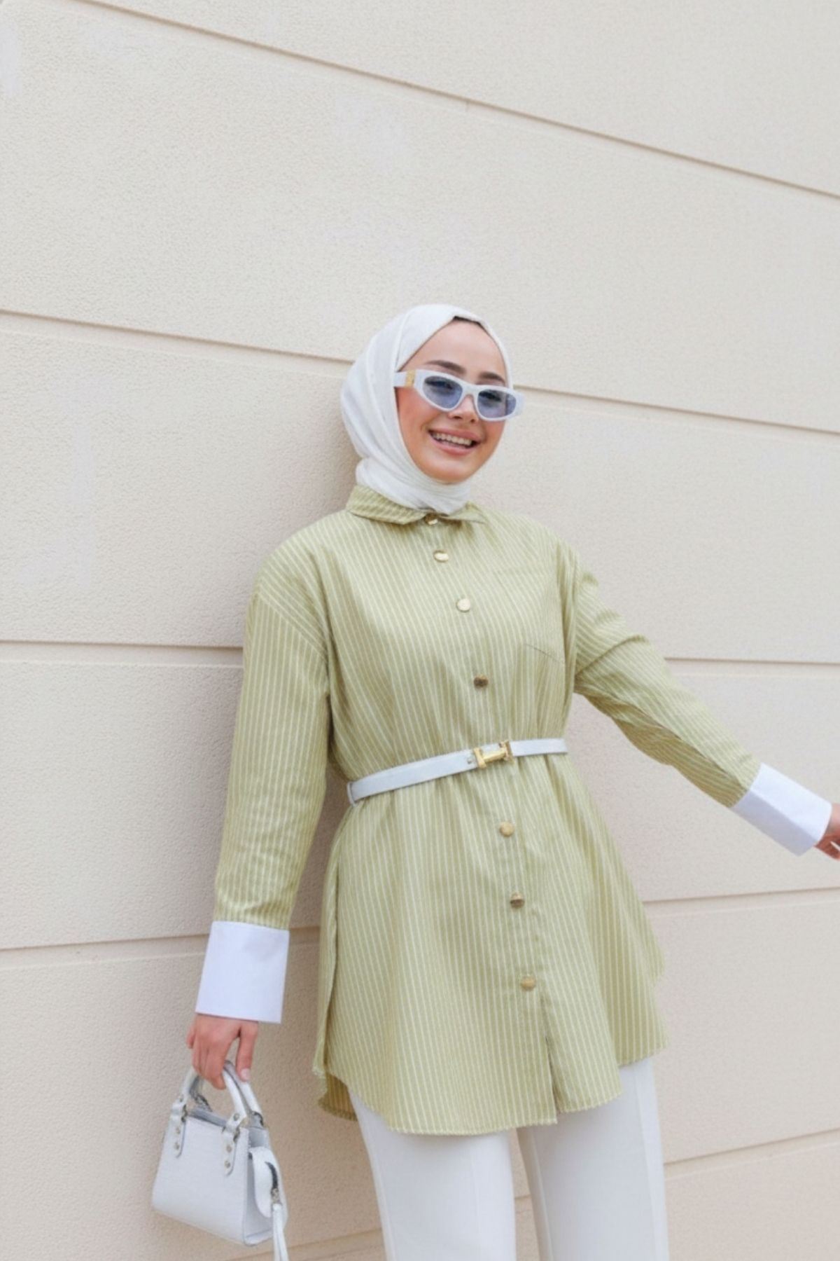 Kadın Trend Bağlamalı Şık Yeşil Trikoton Gömlek