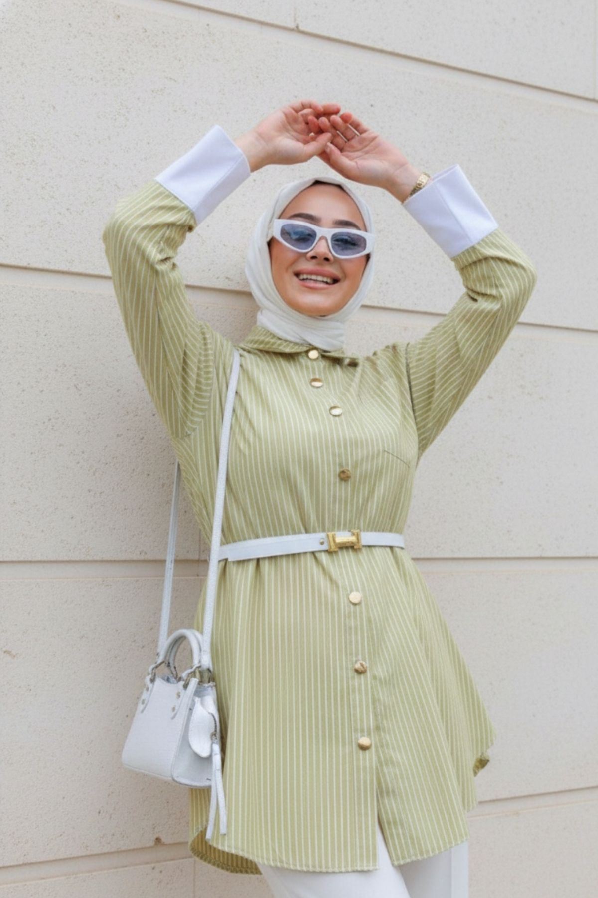 Kadın Trend Bağlamalı Şık Yeşil Trikoton Gömlek