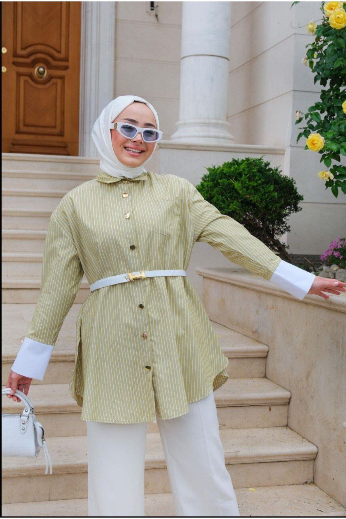 Kadın Trend Bağlamalı Şık Yeşil Trikoton Gömlek