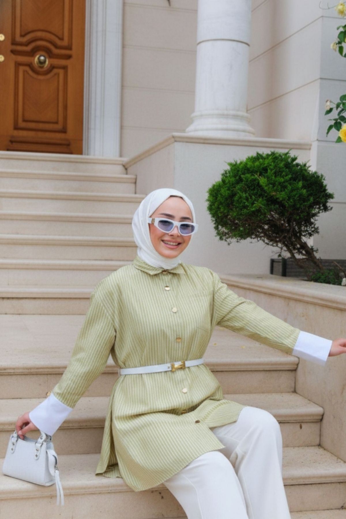 Kadın Trend Bağlamalı Şık Yeşil Trikoton Gömlek