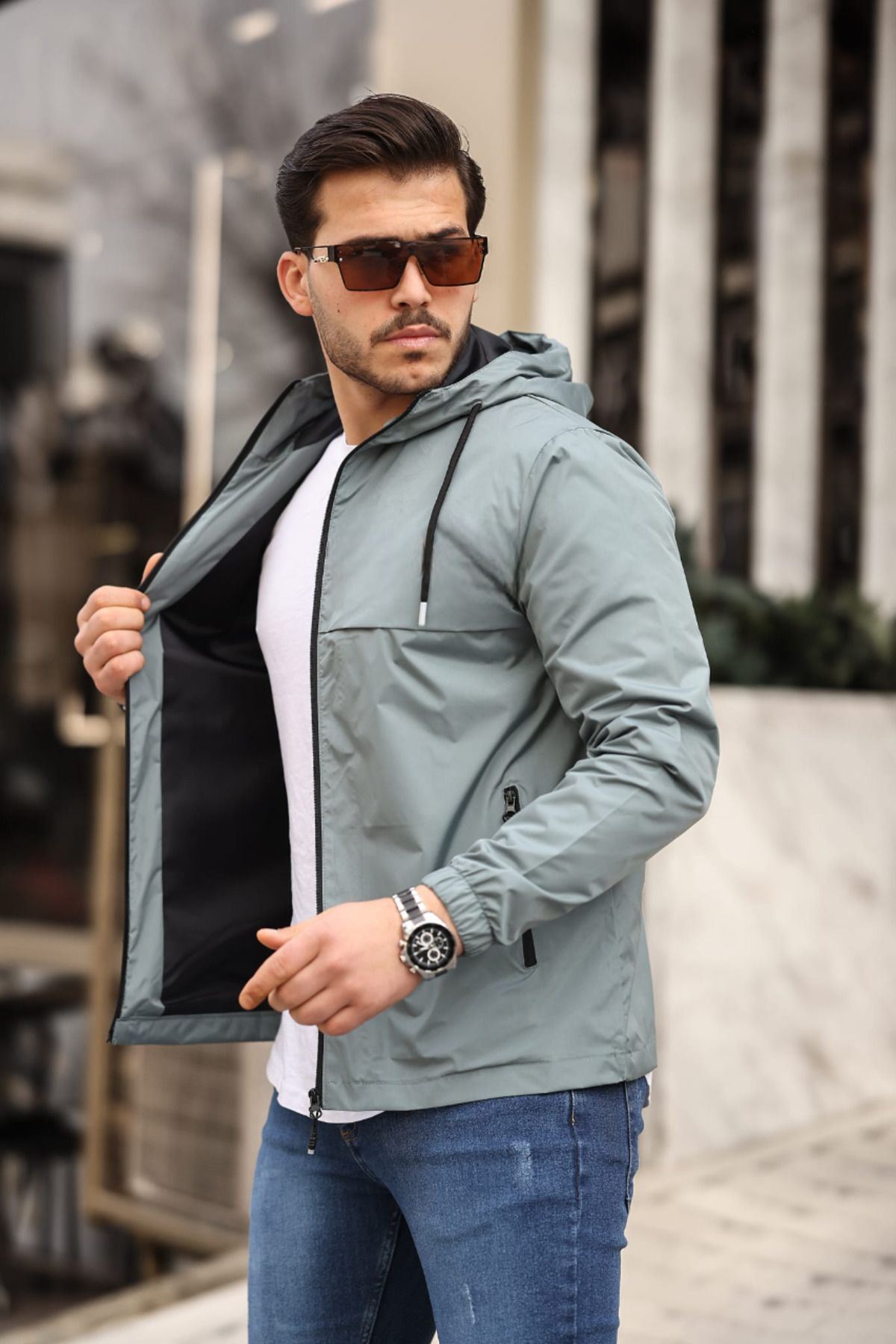 Erkek Içi Astarlı Suya Dayanıklı Kapüşonlu Cepli Yağmurluk