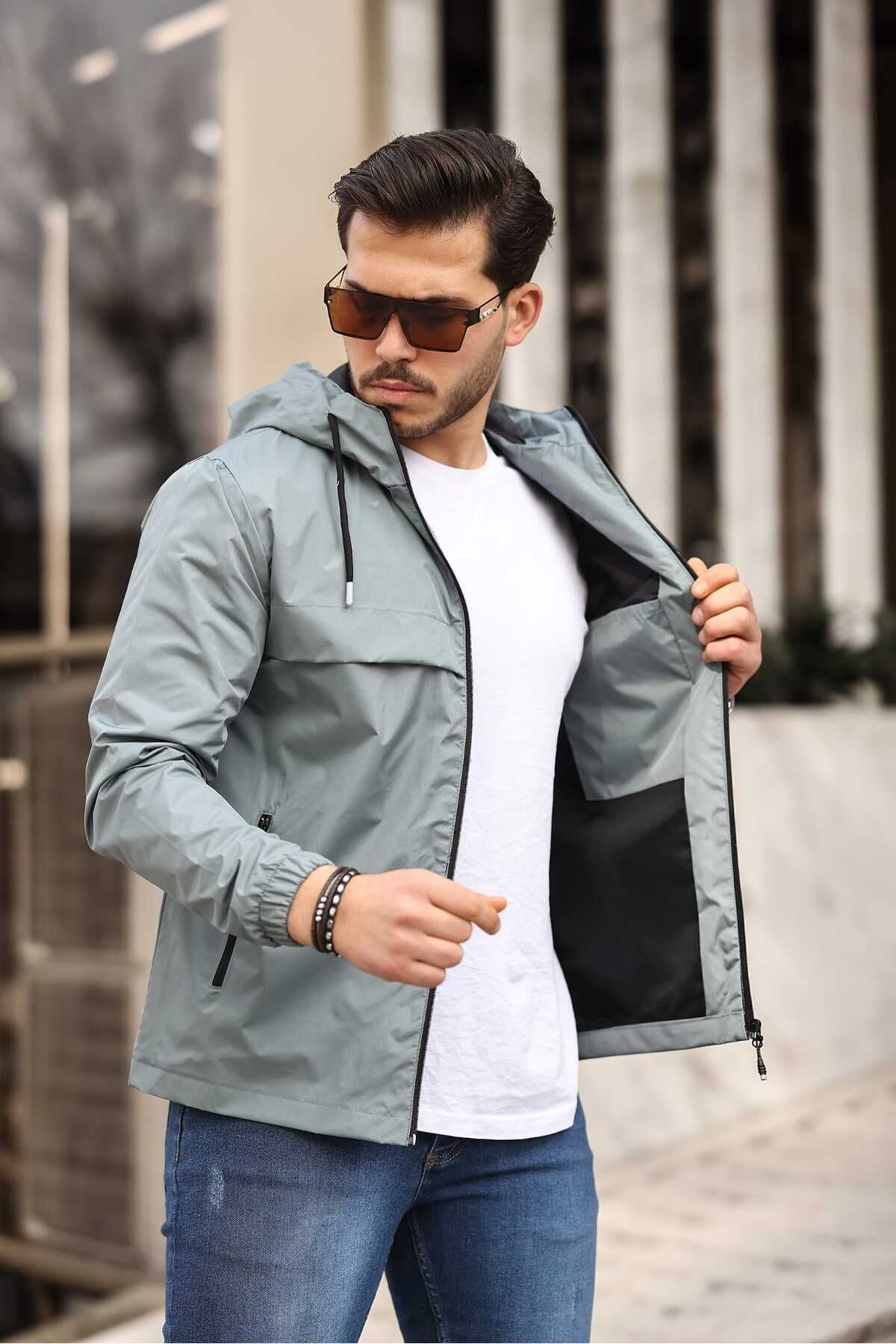 Erkek Içi Astarlı Suya Dayanıklı Kapüşonlu Cepli Yağmurluk