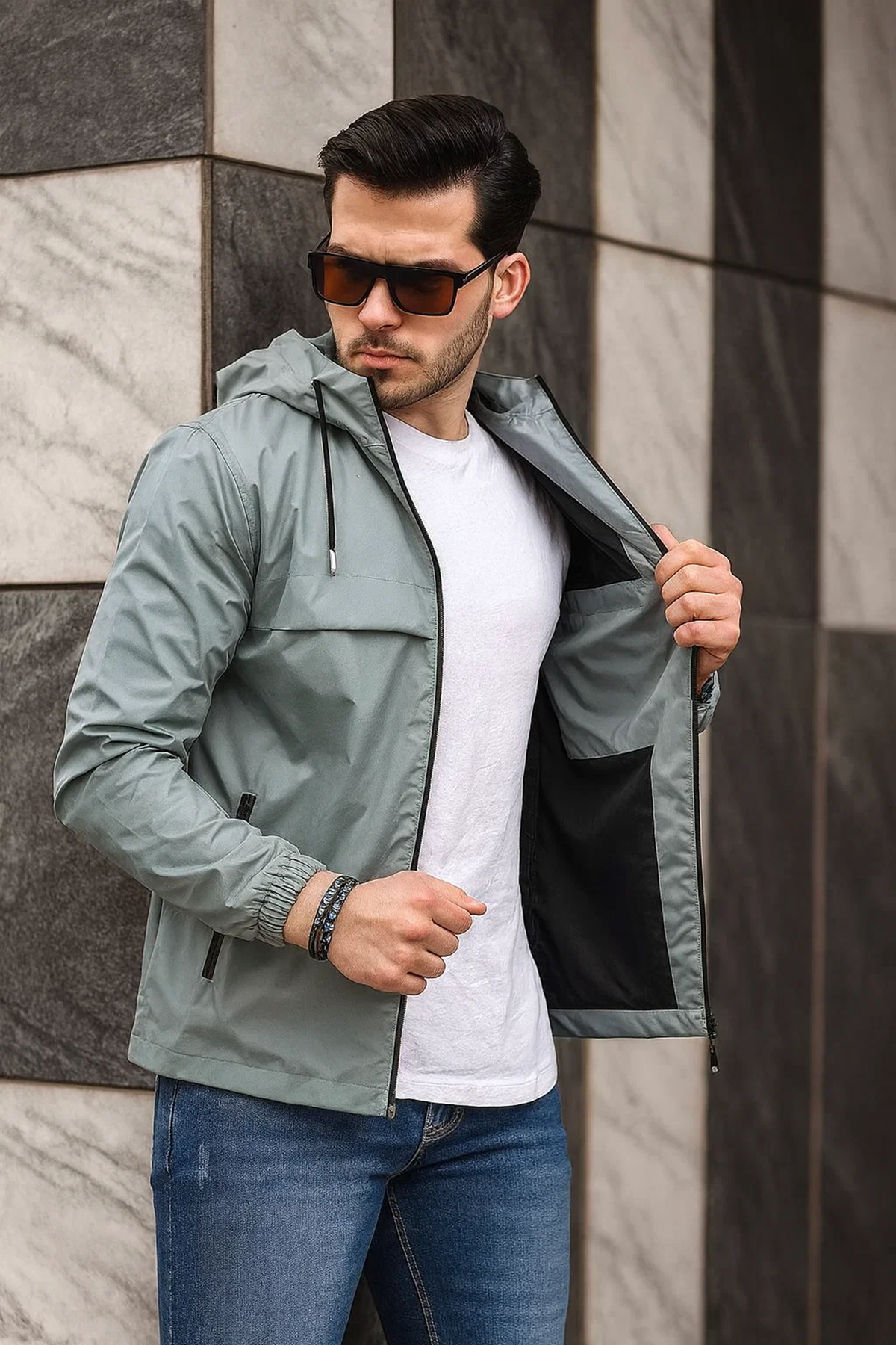 Erkek Içi Astarlı Suya Dayanıklı Kapüşonlu Cepli Yağmurluk