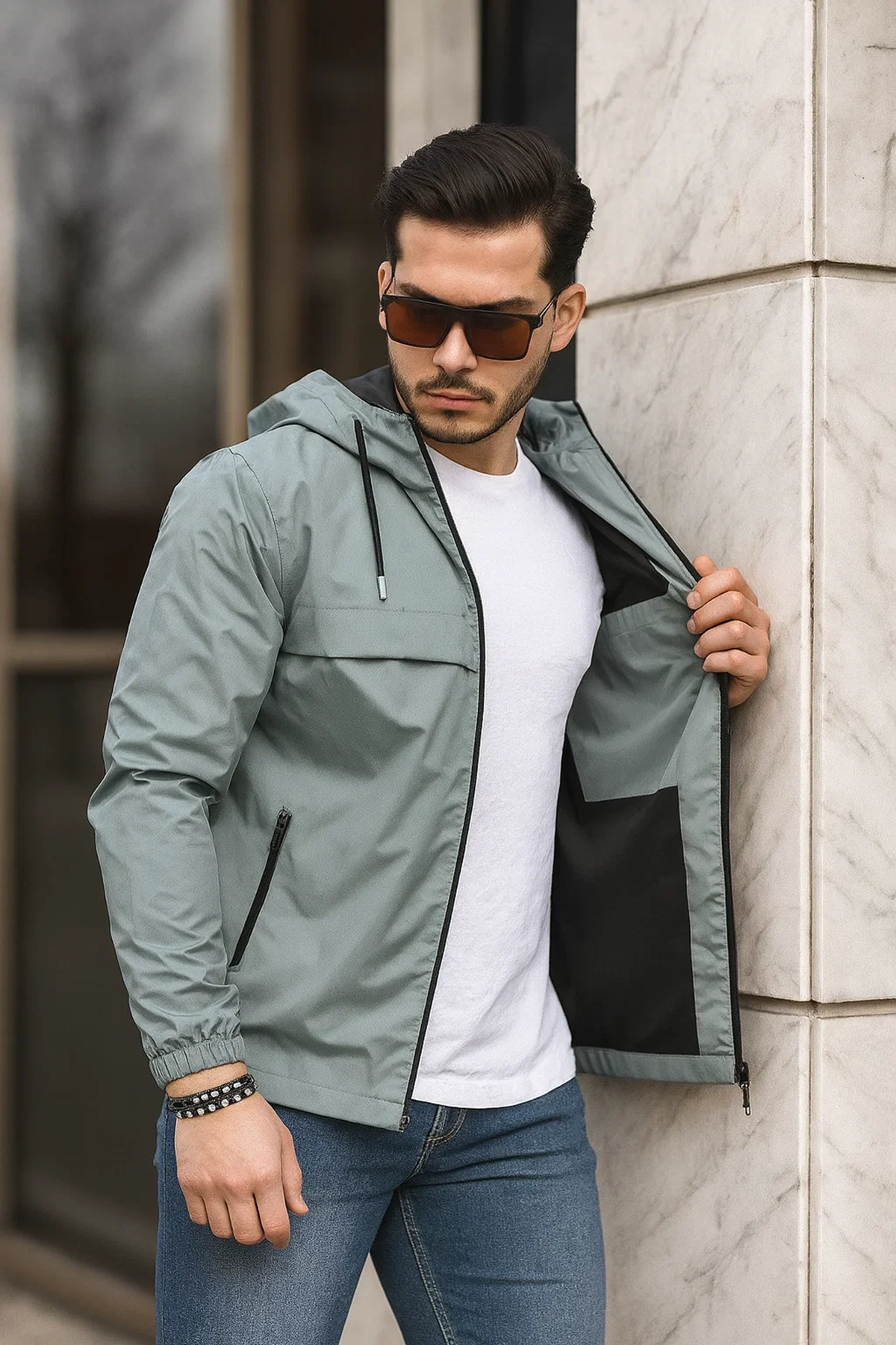 Erkek Içi Astarlı Suya Dayanıklı Kapüşonlu Cepli Yağmurluk