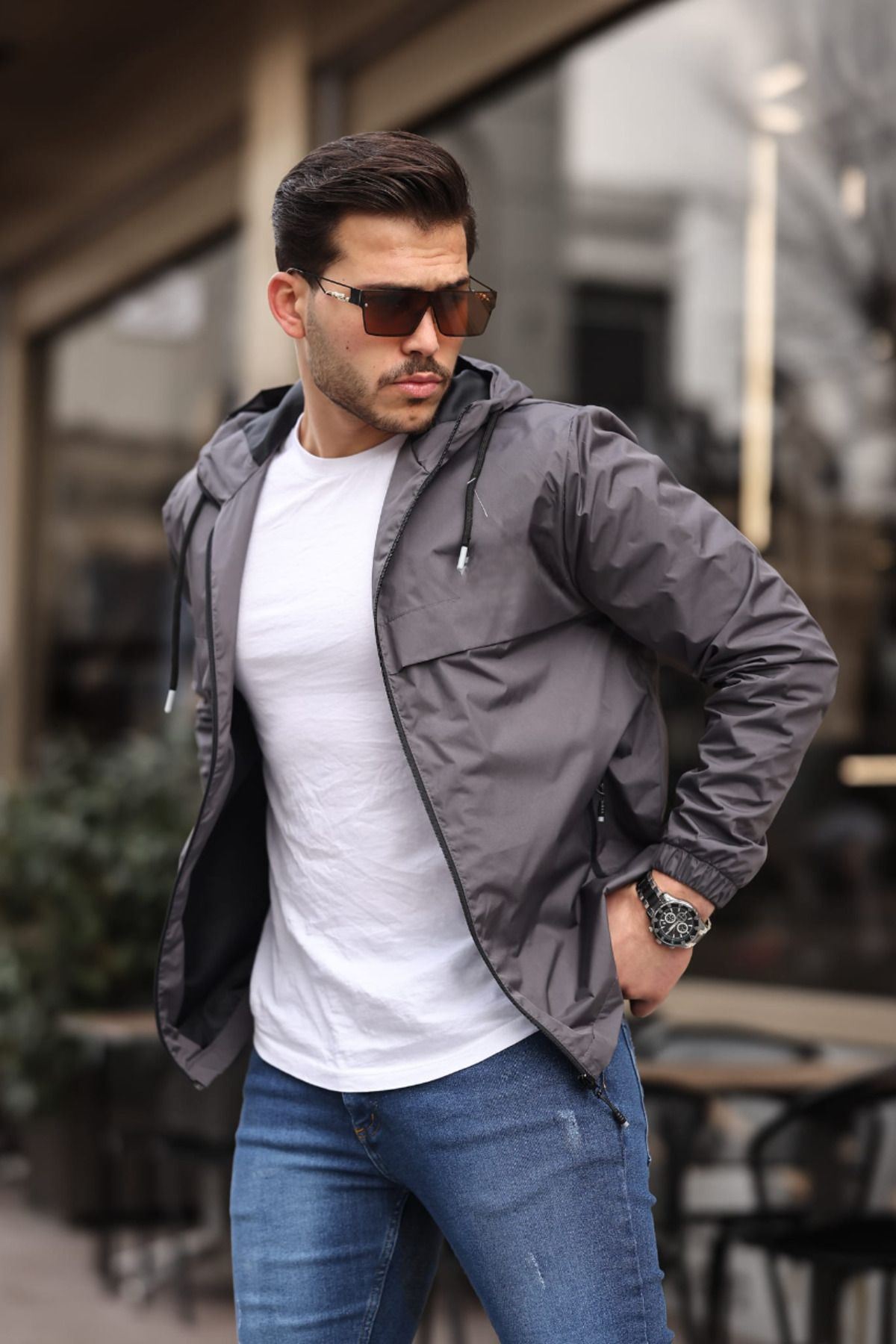 Erkek Içi Astarlı Suya Dayanıklı Kapüşonlu Cepli Yağmurluk