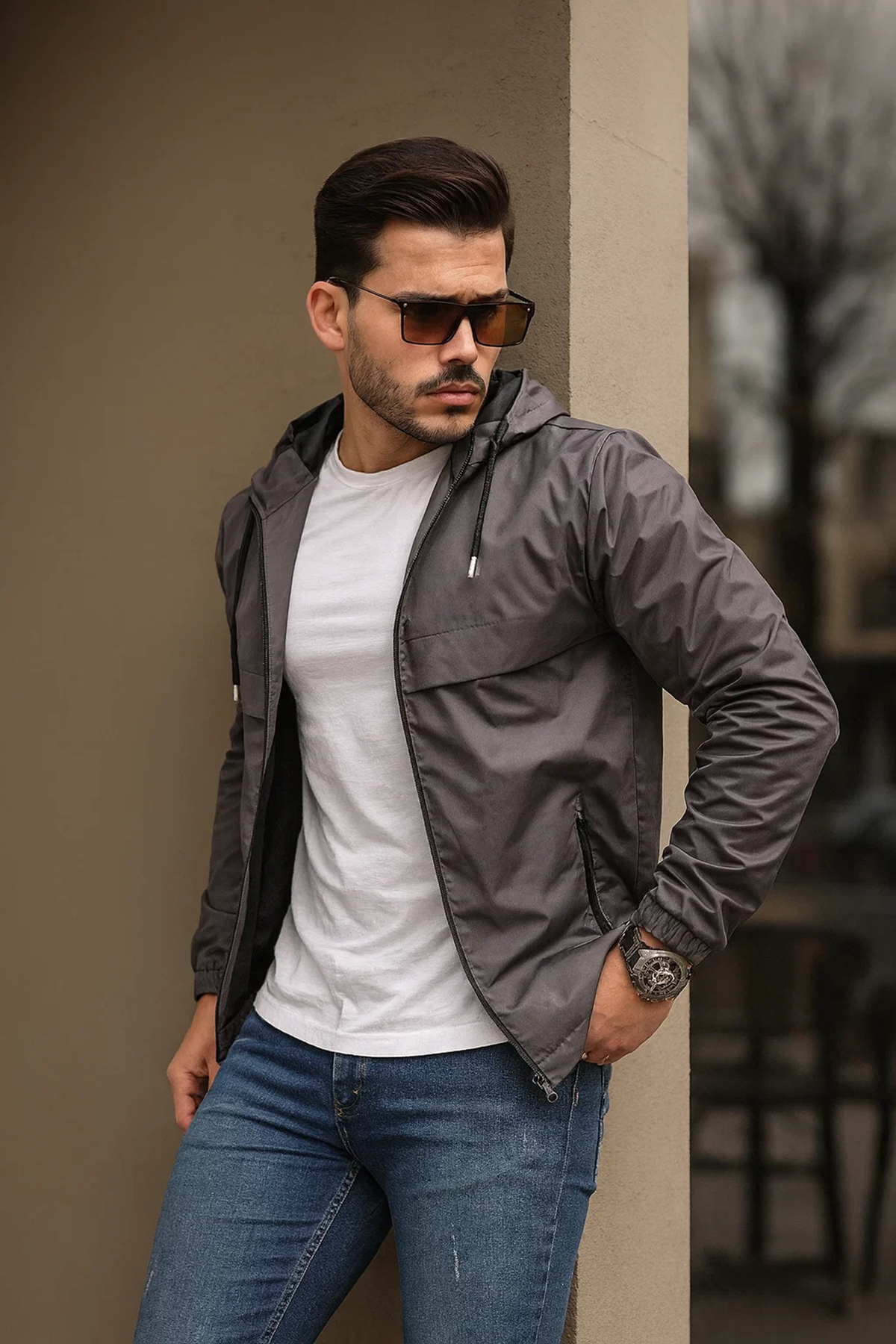 Erkek Içi Astarlı Suya Dayanıklı Kapüşonlu Cepli Yağmurluk