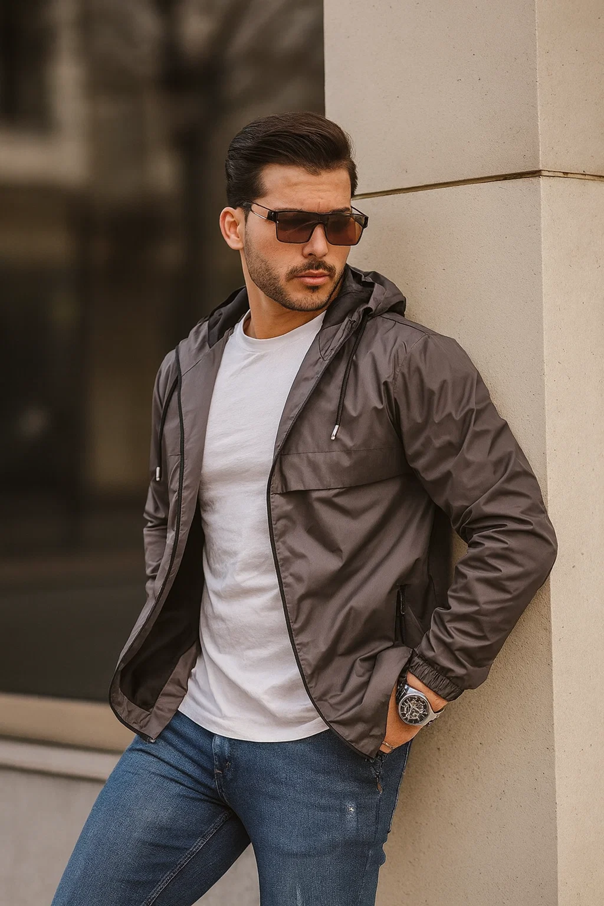 Erkek Içi Astarlı Suya Dayanıklı Kapüşonlu Cepli Yağmurluk