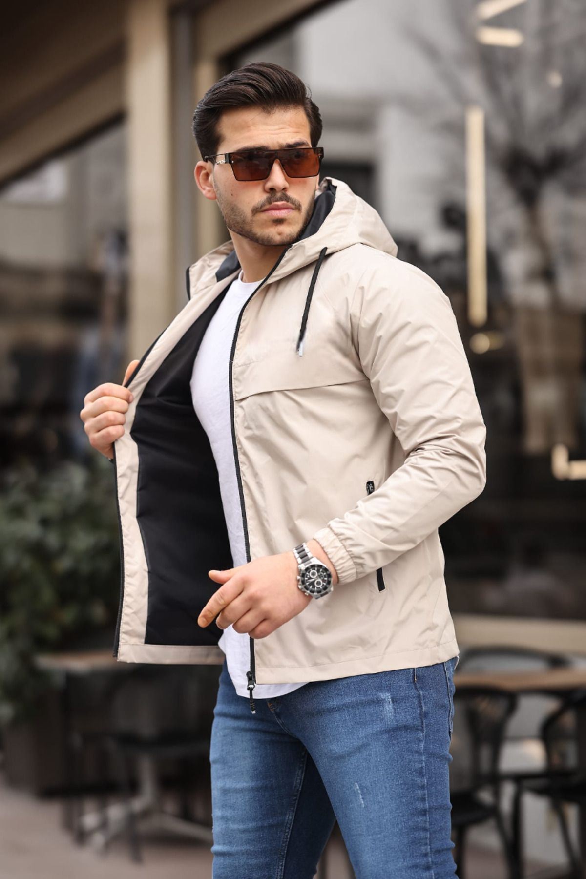 Erkek Içi Astarlı Suya Dayanıklı Kapüşonlu Cepli Yağmurluk