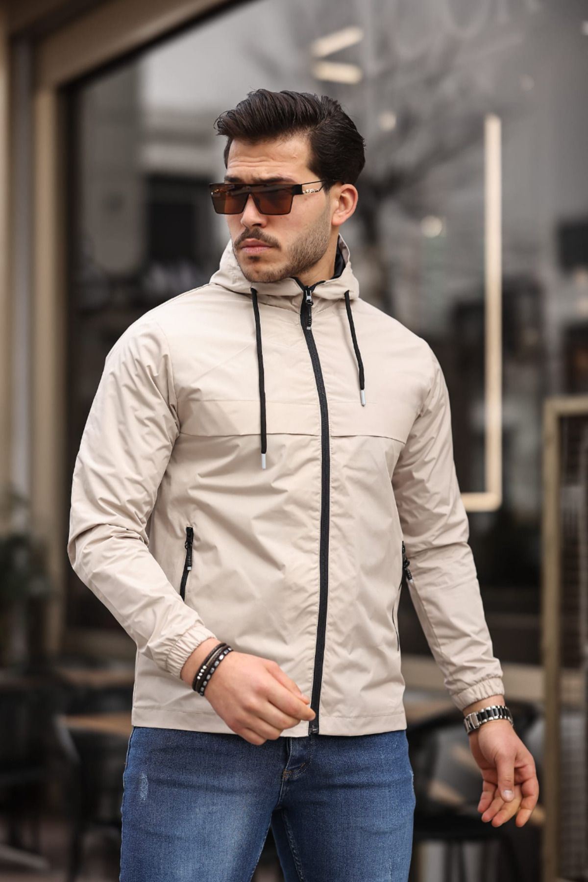 Erkek Içi Astarlı Suya Dayanıklı Kapüşonlu Cepli Yağmurluk