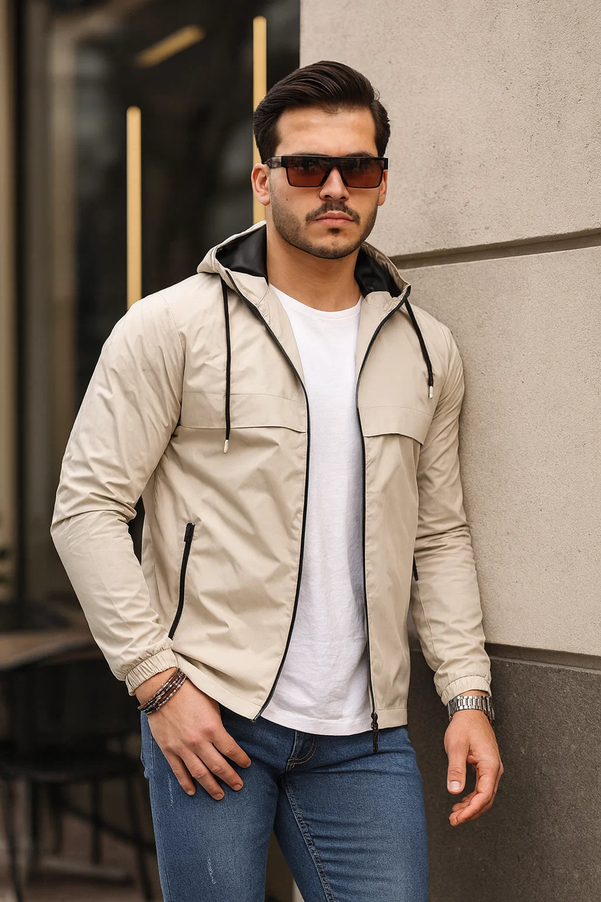 Erkek Içi Astarlı Suya Dayanıklı Kapüşonlu Cepli Yağmurluk