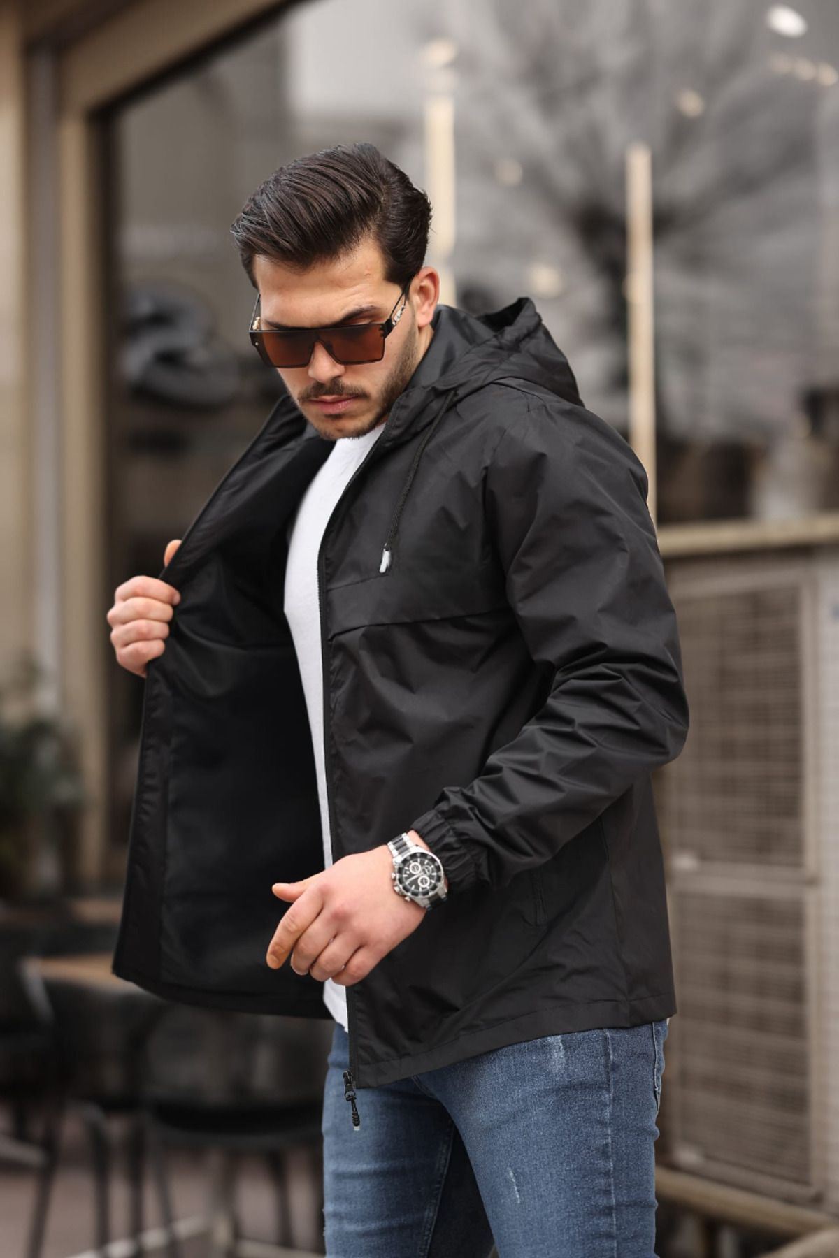 Erkek Içi Astarlı Suya Dayanıklı Kapüşonlu Cepli Yağmurluk