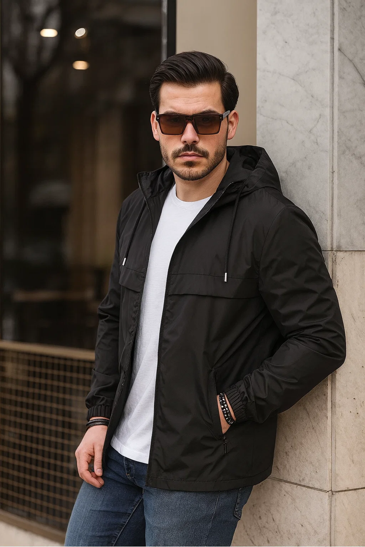 Erkek Içi Astarlı Suya Dayanıklı Kapüşonlu Cepli Yağmurluk