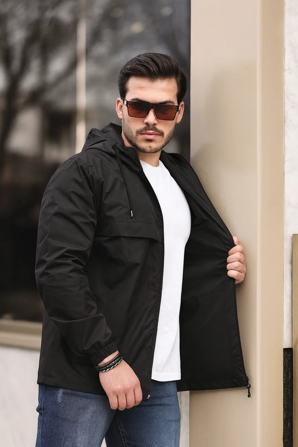 Erkek Içi Astarlı Suya Dayanıklı Kapüşonlu Cepli Yağmurluk