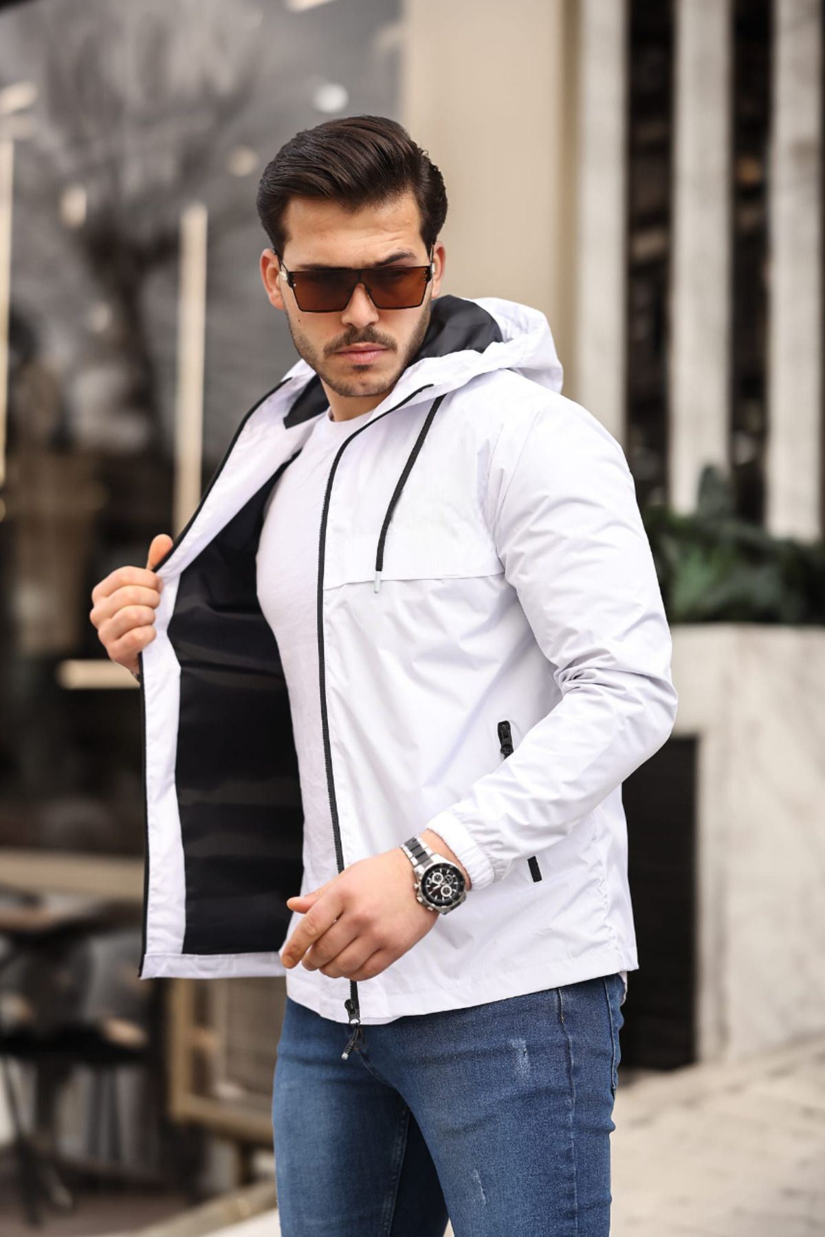 Erkek Içi Astarlı Suya Dayanıklı Kapüşonlu Cepli Yağmurluk