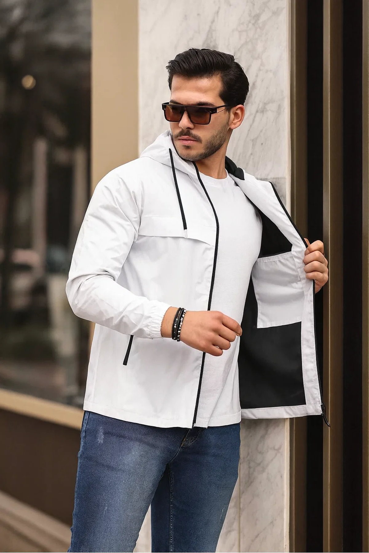 Erkek Içi Astarlı Suya Dayanıklı Kapüşonlu Cepli Yağmurluk