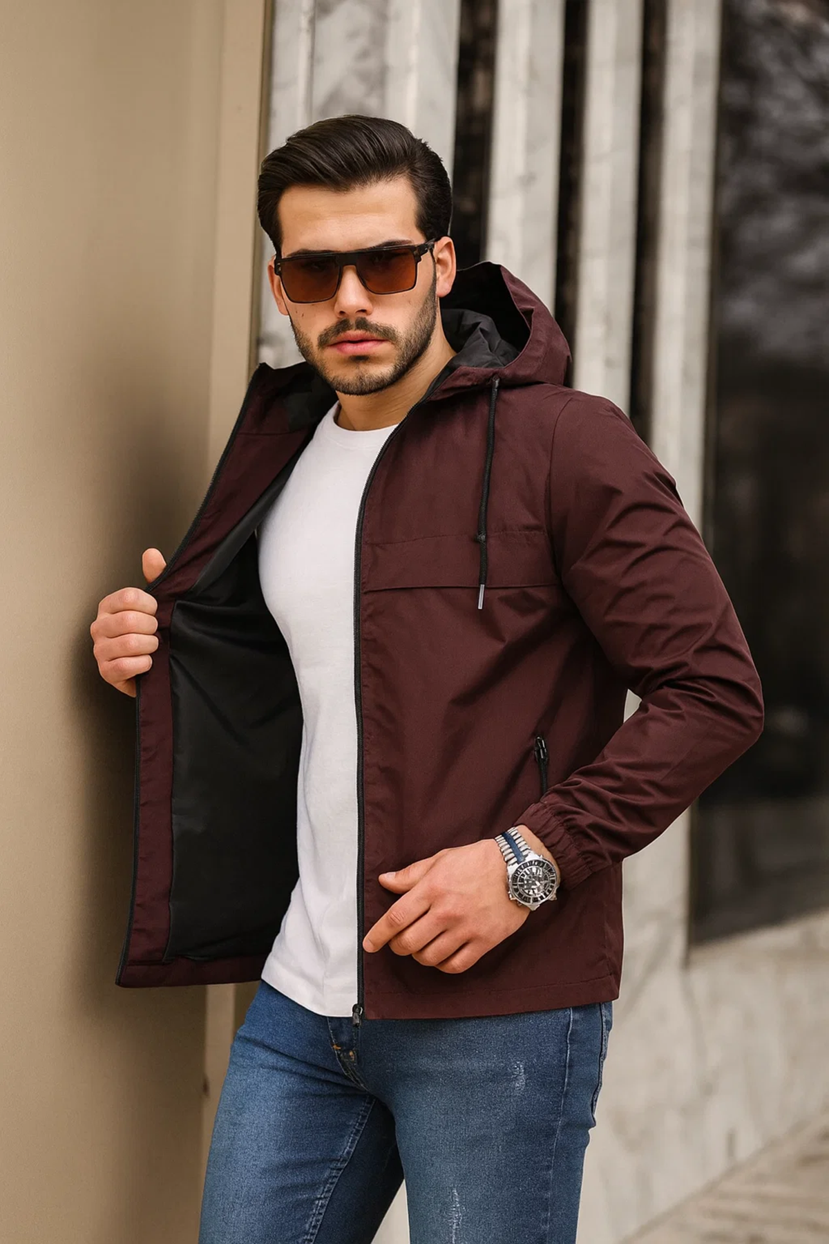 Erkek Içi Astarlı Suya Dayanıklı Kapüşonlu Cepli Yağmurluk