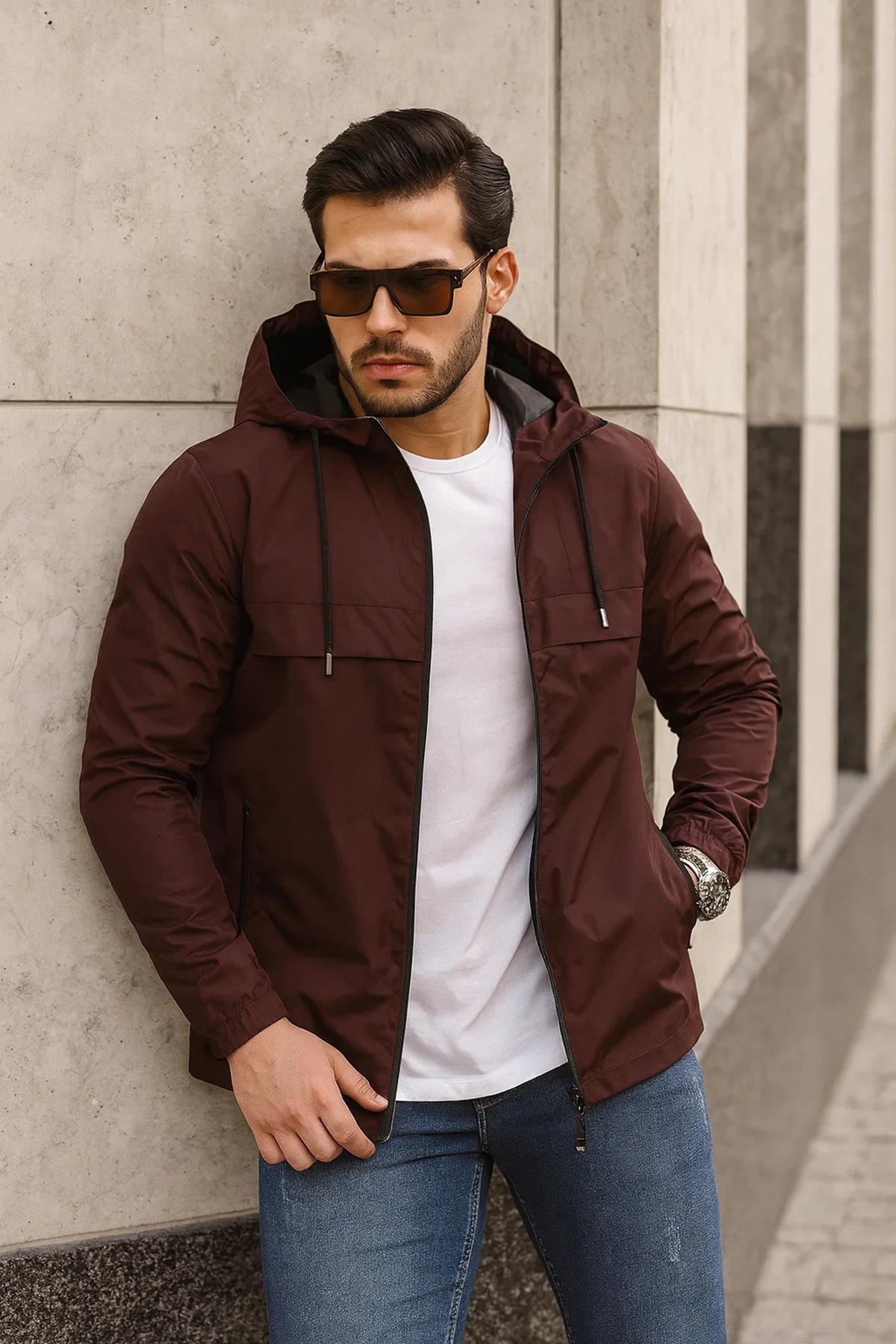 Erkek Içi Astarlı Suya Dayanıklı Kapüşonlu Cepli Yağmurluk