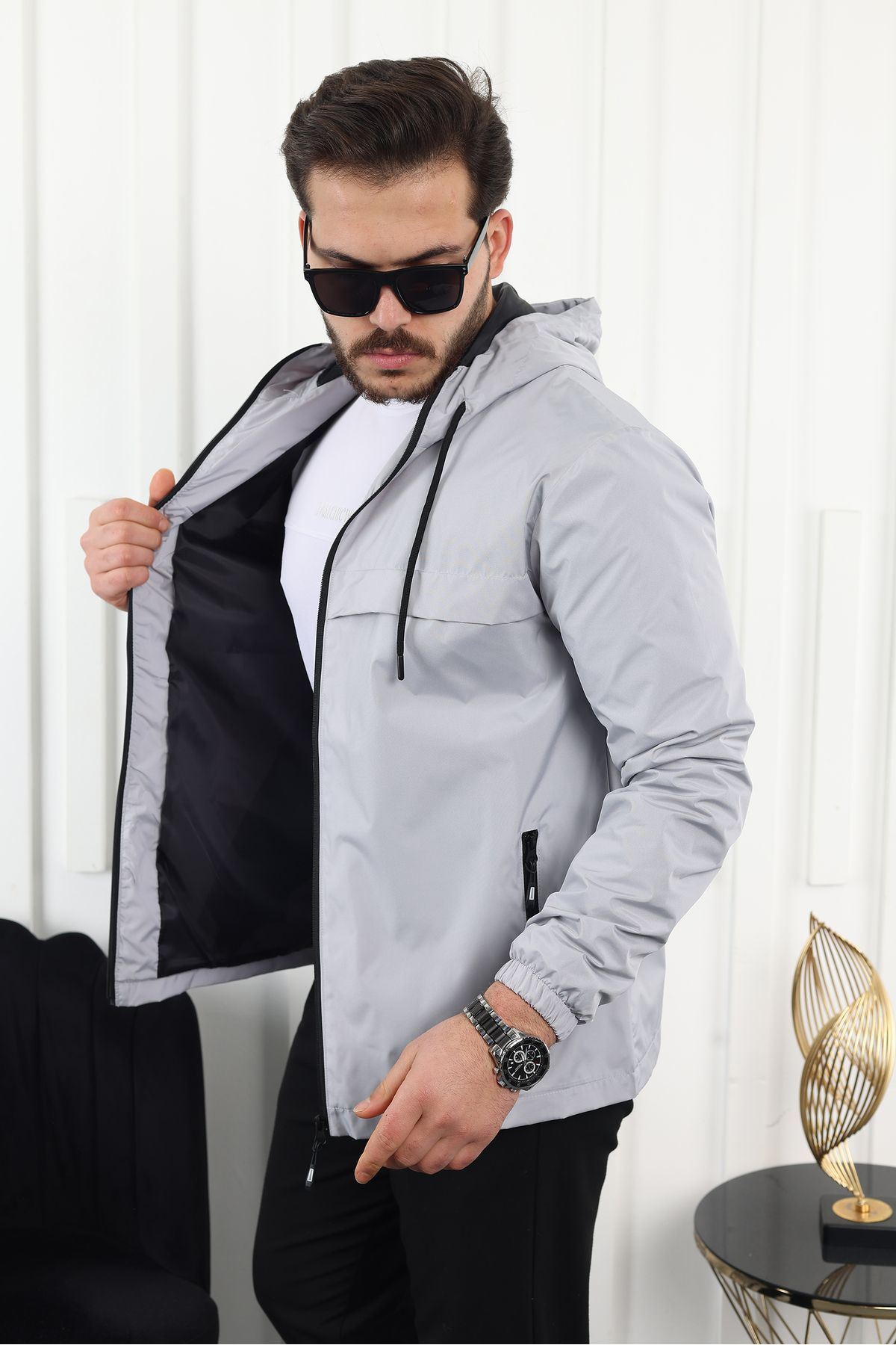 Erkek Içi Astarlı Suya Dayanıklı Kapüşonlu Cepli Yağmurluk