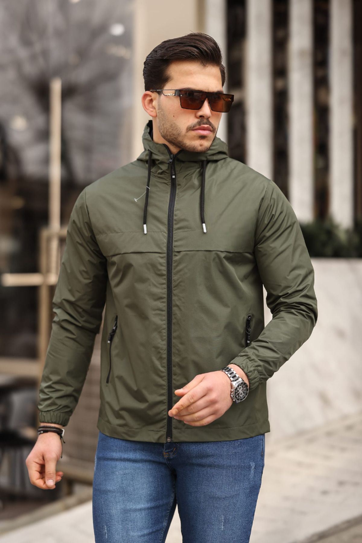 Erkek Içi Astarlı Suya Dayanıklı Kapüşonlu Cepli Yağmurluk