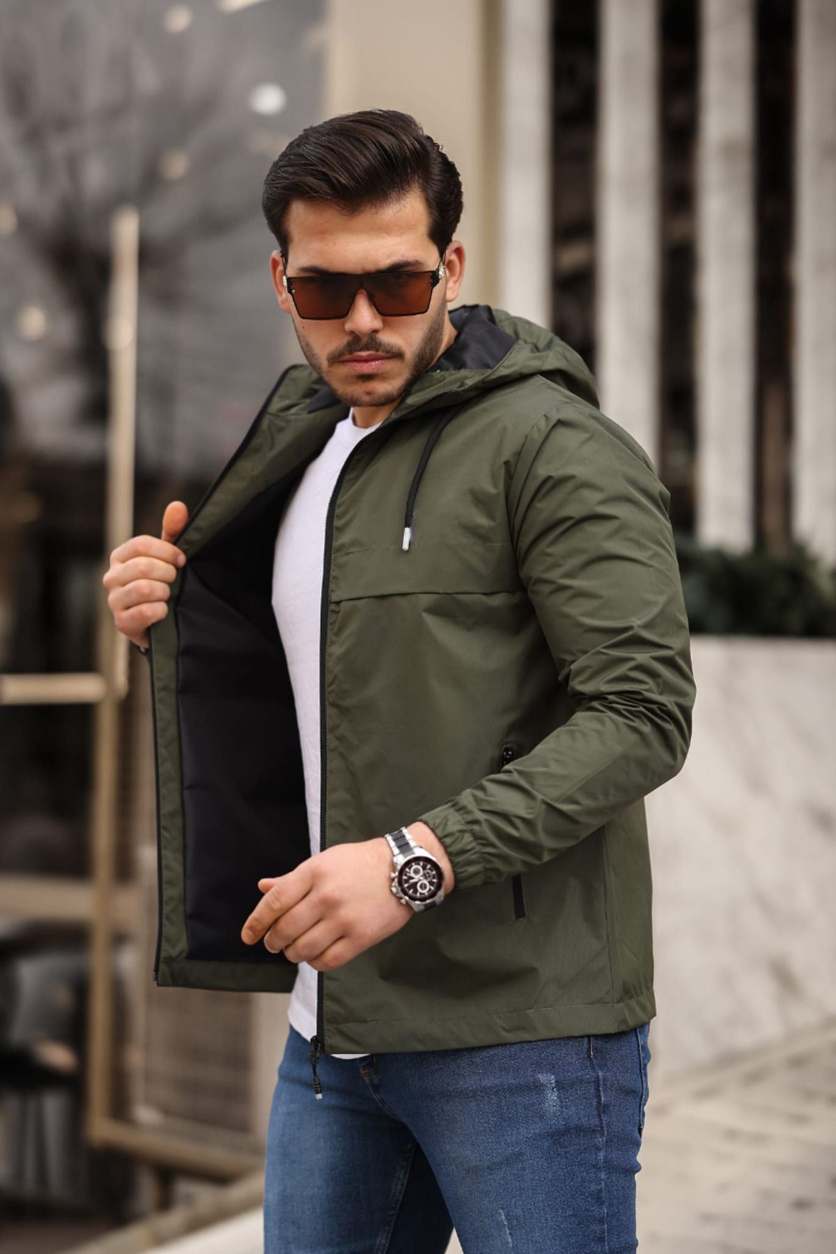 Erkek Içi Astarlı Suya Dayanıklı Kapüşonlu Cepli Yağmurluk