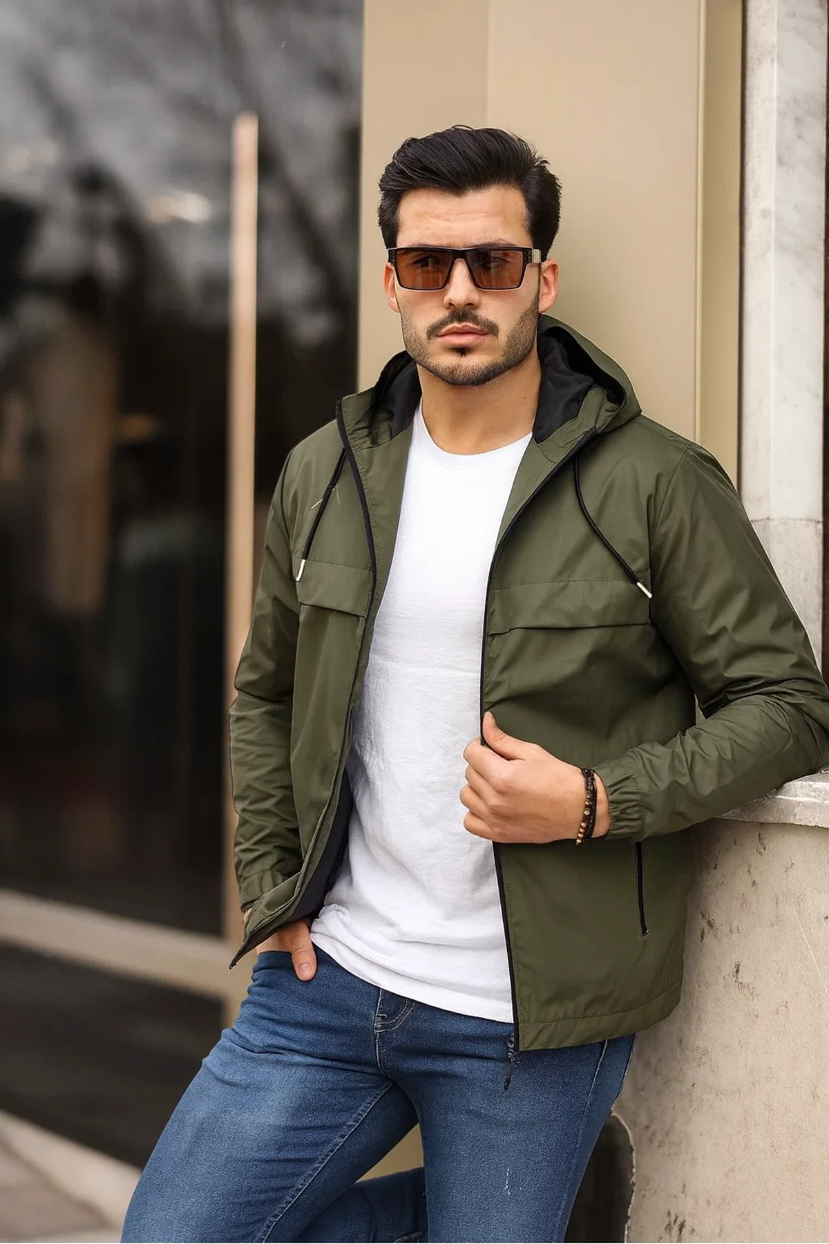 Erkek Içi Astarlı Suya Dayanıklı Kapüşonlu Cepli Yağmurluk