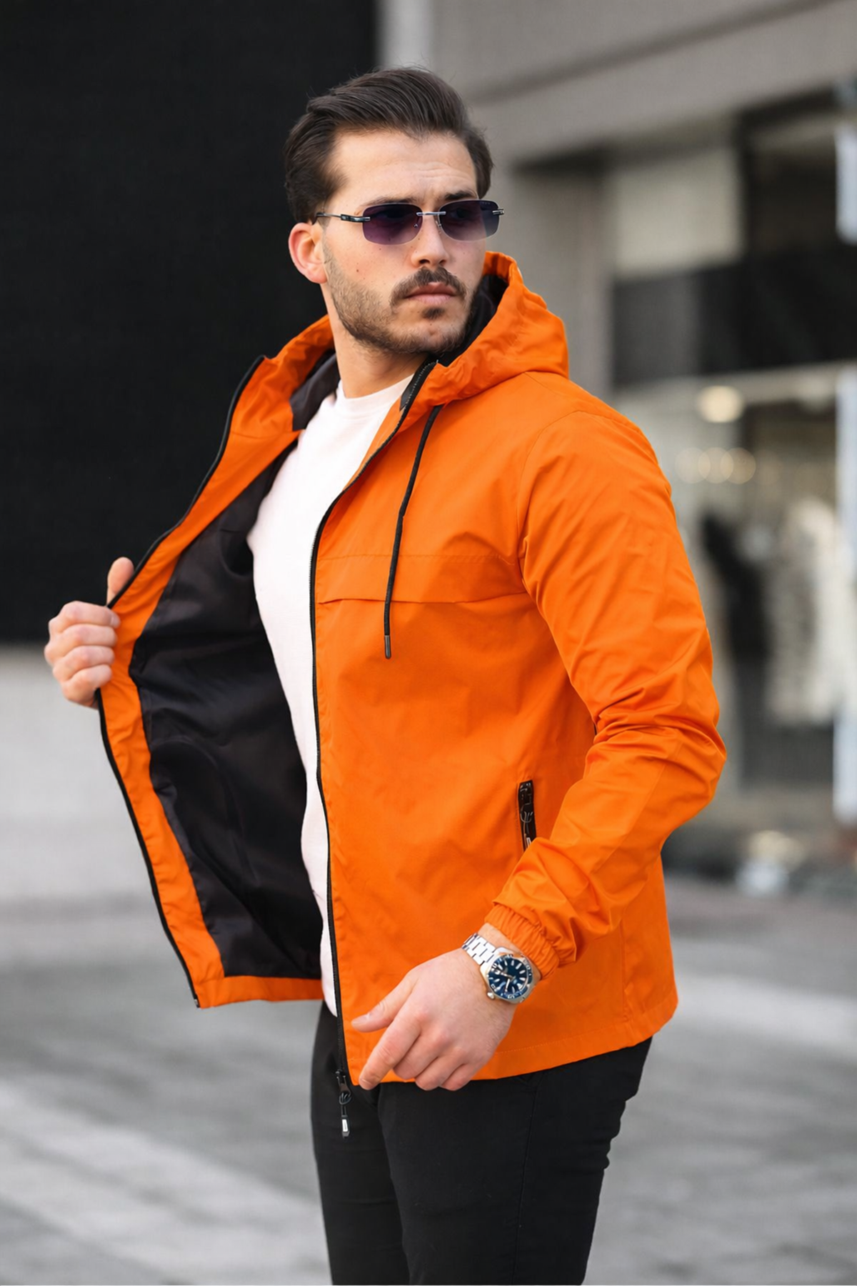 Erkek Içi Astarlı Suya Dayanıklı Kapüşonlu Cepli Yağmurluk